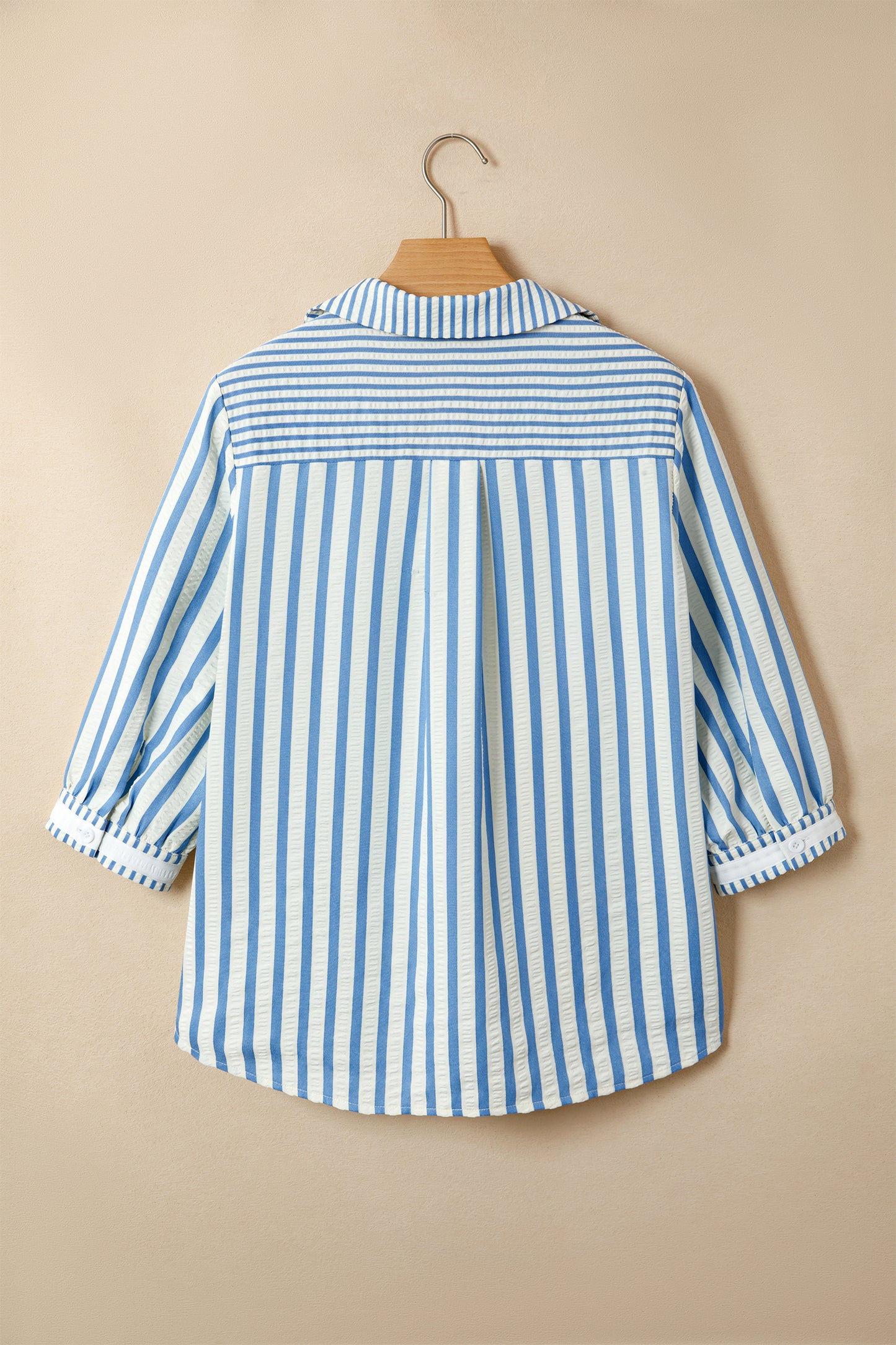 Sky Blue Stripe 3/4 Sleeve Collared Neck Blouse-Tops/Blouses & Shirts-[Adult]-[Female]-2022 Online Blue Zone Planet