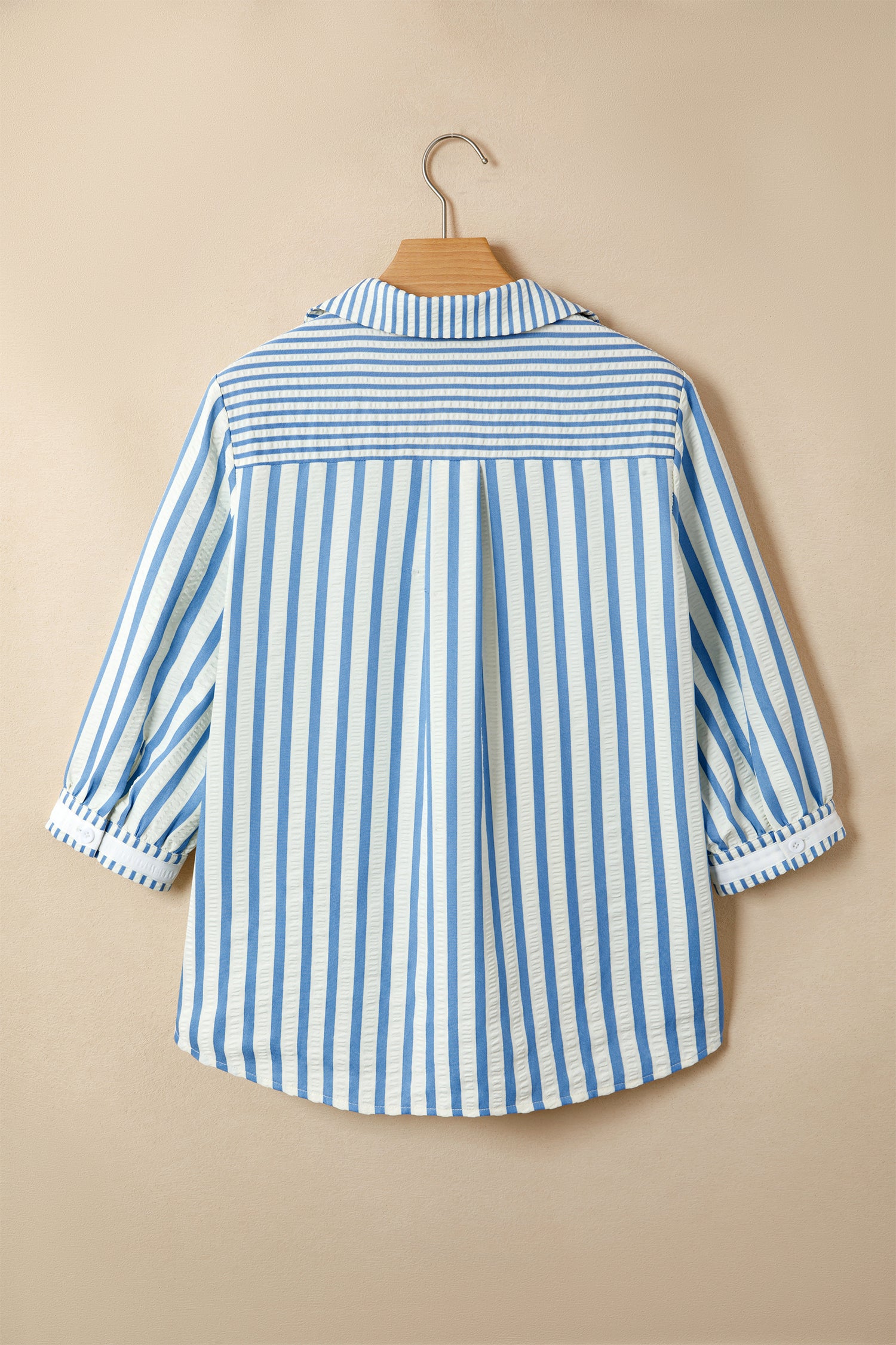 Sky Blue Stripe 3/4 Sleeve Collared Neck Blouse-Tops/Blouses & Shirts-[Adult]-[Female]-2022 Online Blue Zone Planet
