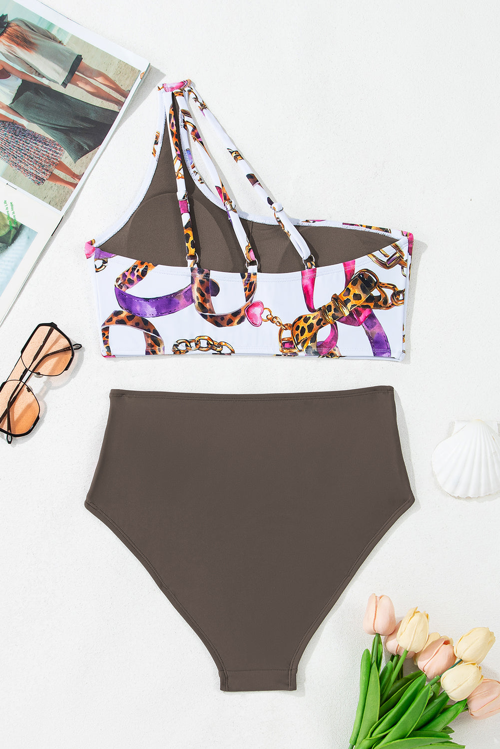 Khaki Abstract Print One Shoulder Ring Linked High Waist Bikini-Bikini Sets-[Adult]-[Female]-2022 Online Blue Zone Planet