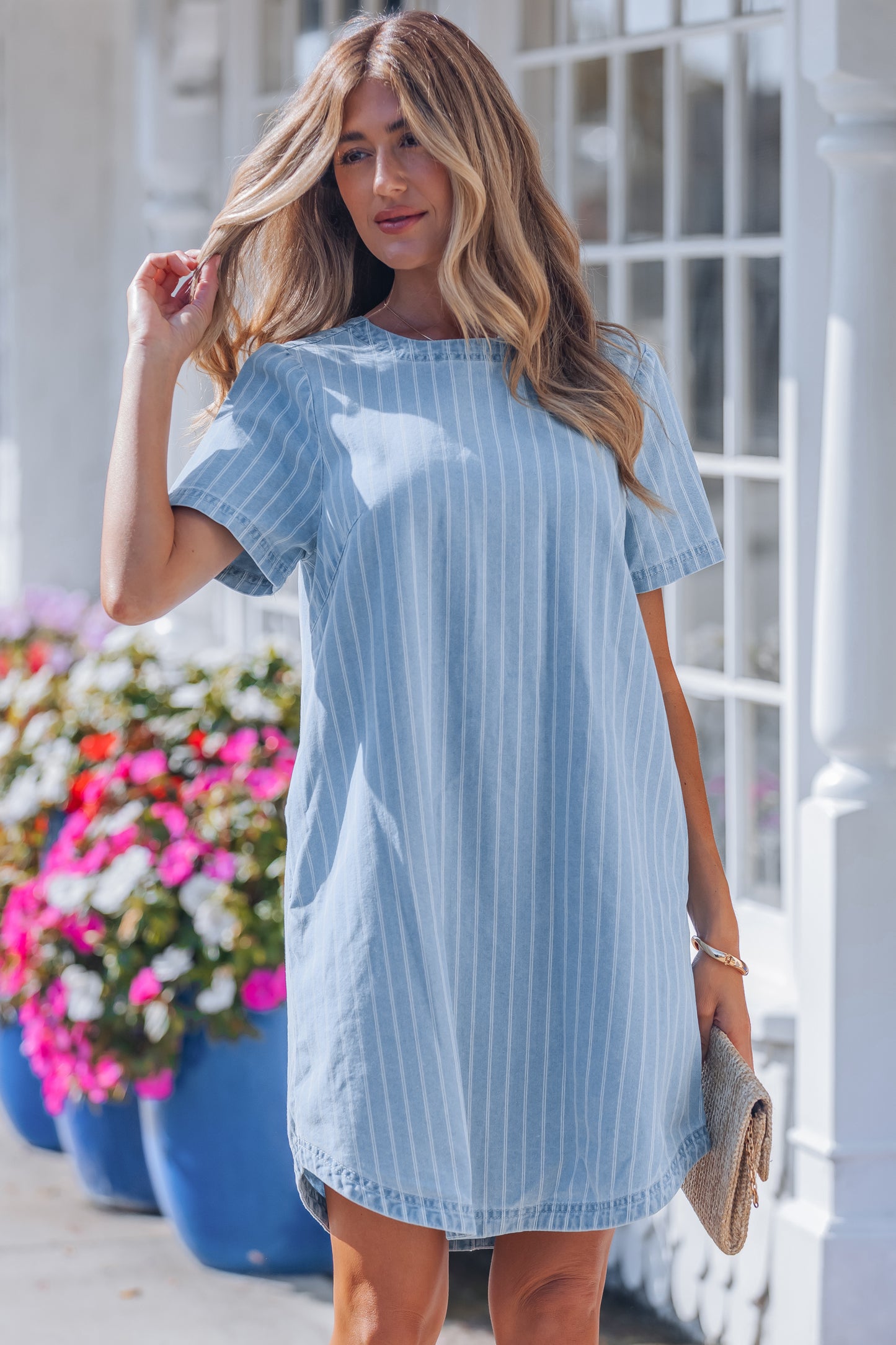 Sky Blue Stripe Buttoned Back T-Shirt Denim Mini Dress-TOPS / DRESSES-[Adult]-[Female]-2022 Online Blue Zone Planet
