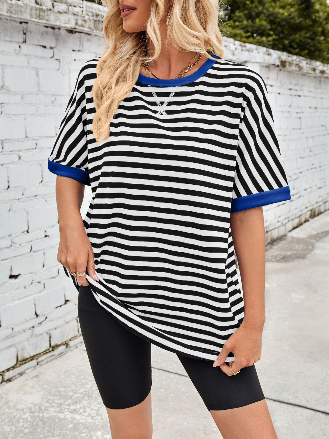 Lovelet Striped Round Neck Half Sleeve T-Shirt-TOPS / DRESSES-[Adult]-[Female]-Black-S-2022 Online Blue Zone Planet