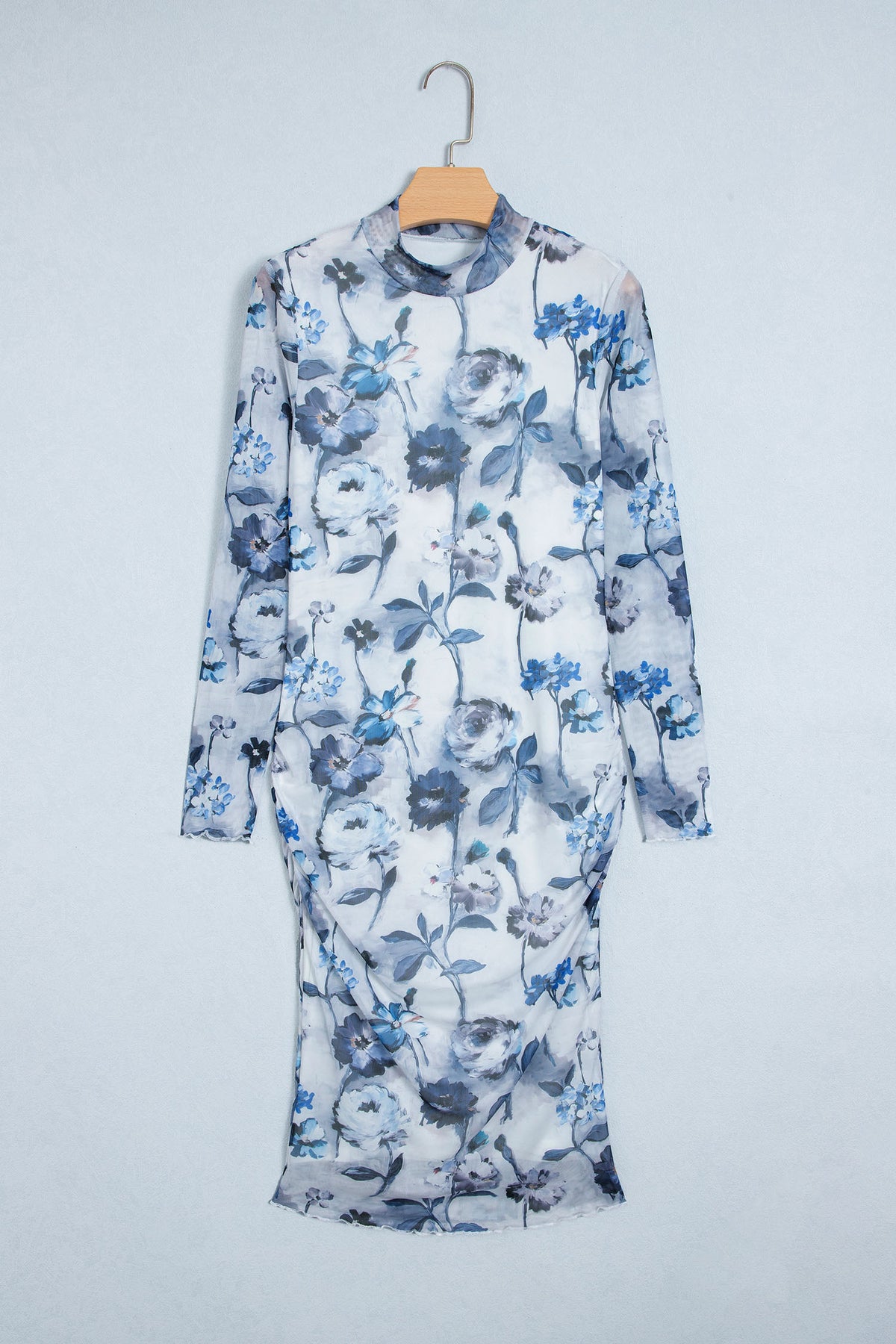 Sky Blue Floral Print Sheath Elegant Long Sleeve Dress-TOPS / DRESSES-[Adult]-[Female]-2022 Online Blue Zone Planet