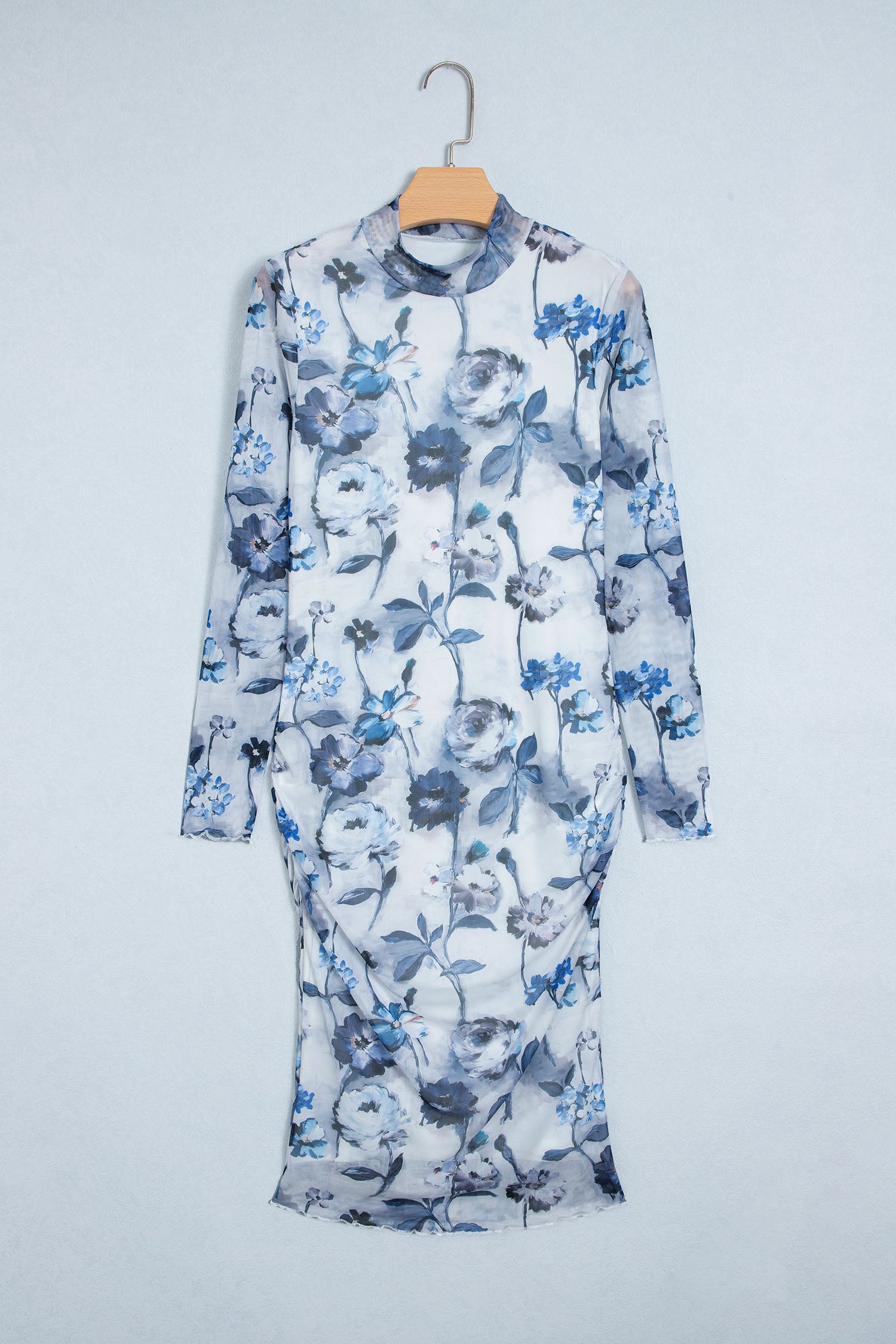 Sky Blue Floral Print Sheath Elegant Long Sleeve Dress-TOPS / DRESSES-[Adult]-[Female]-2022 Online Blue Zone Planet