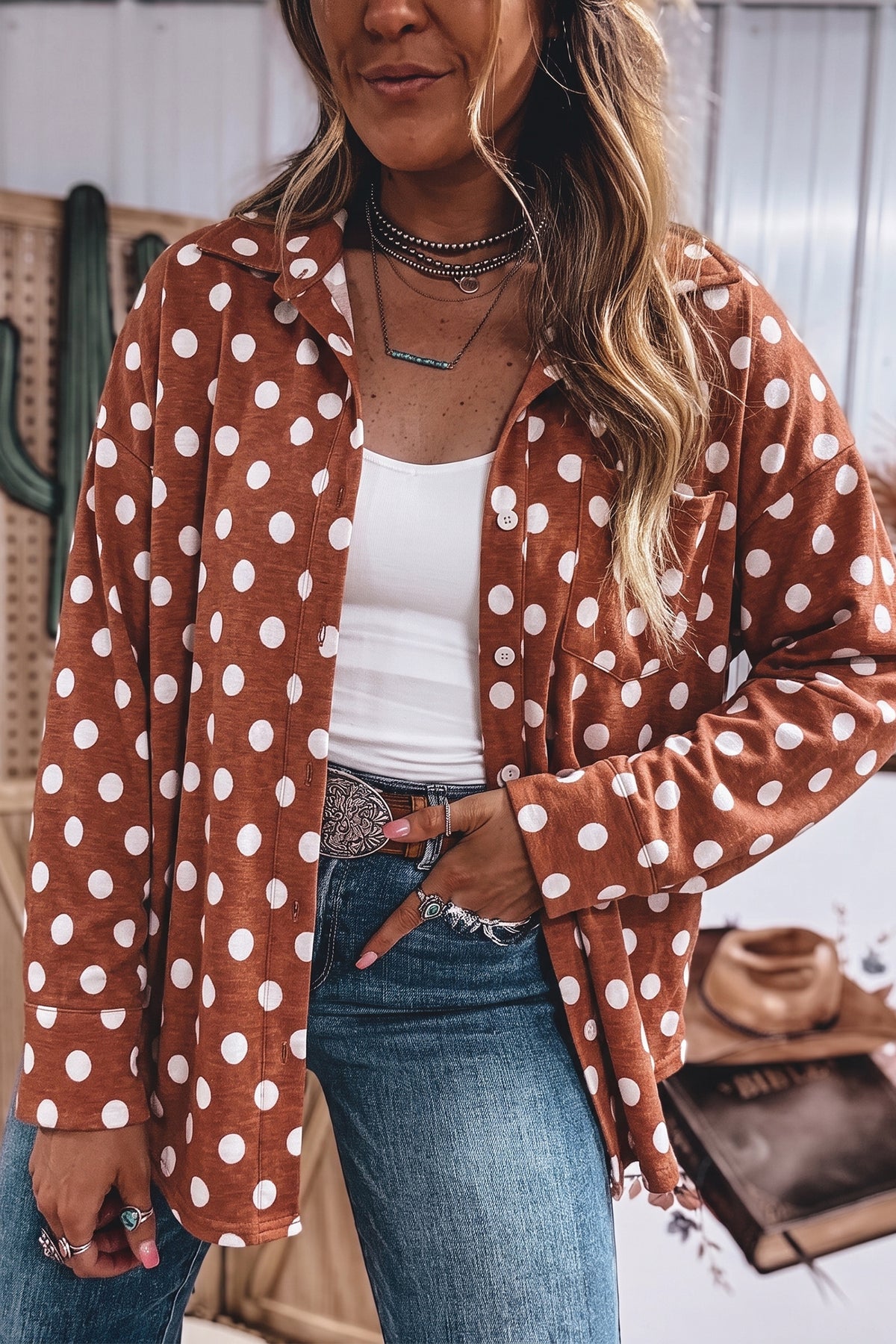 Brown Polka Dot Long Sleeve Collared Tunic Shirts-Tops/Blouses & Shirts-[Adult]-[Female]-Brown-S-2022 Online Blue Zone Planet