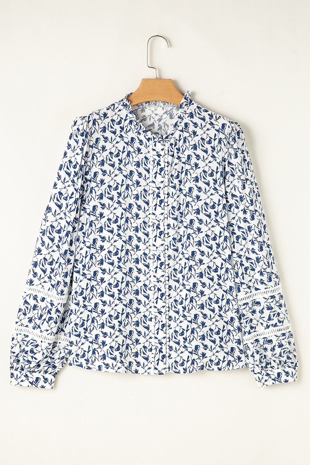 Blue Printed Lace Detail Floral Puff Sleeve Fall Shirt-Tops/Blouses & Shirts-[Adult]-[Female]-2022 Online Blue Zone Planet