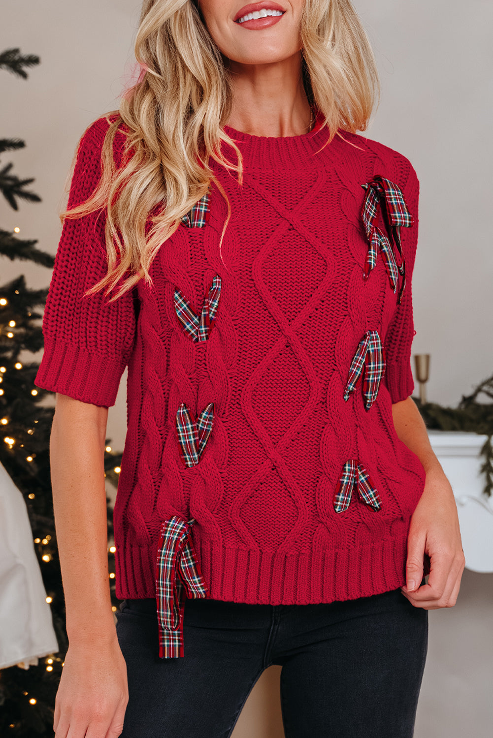 Fiery Red Plaid Lace Up Detail Christmas Holiday Puff Short Sleeve Sweater-TOPS / DRESSES-[Adult]-[Female]-2022 Online Blue Zone Planet