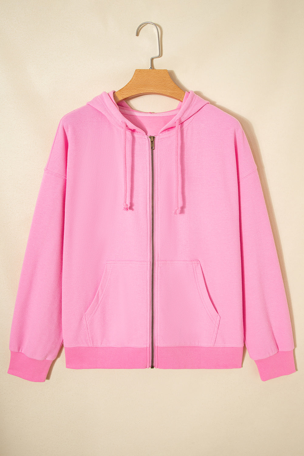 Sachet Pink Solid Color Ribbed Zip Up Drawstring Hooded Jacket-Tops / Dresses-[Adult]-[Female]-2022 Online Blue Zone Planet