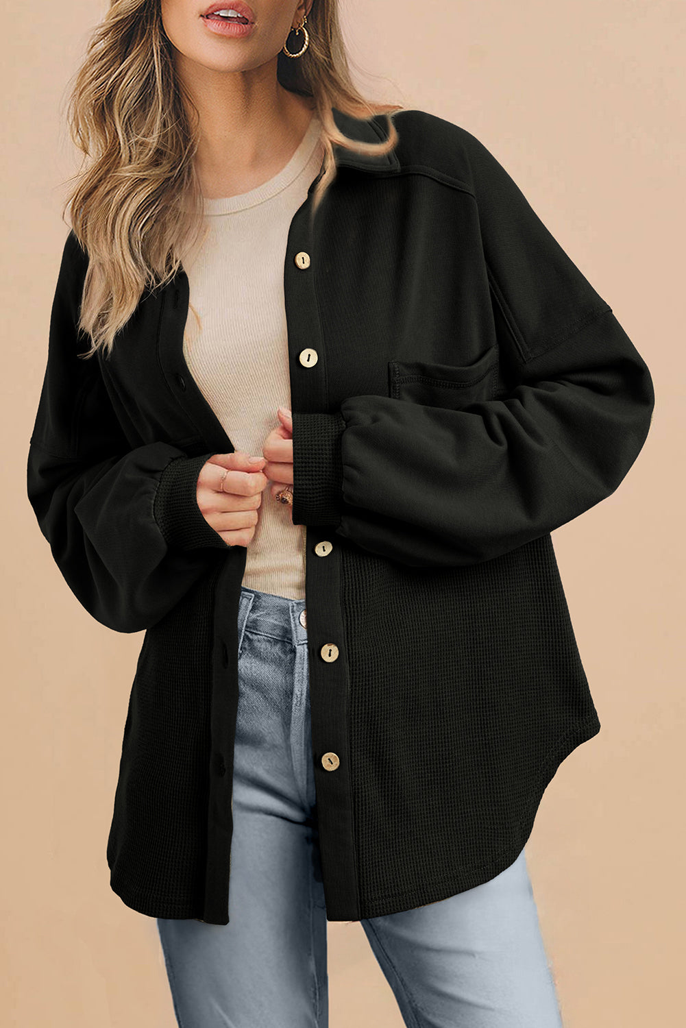 Black Waffle Knit Patchwork Buttoned Oversized Shacket-Outerwear/Jackets-[Adult]-[Female]-Black-S-2022 Online Blue Zone Planet