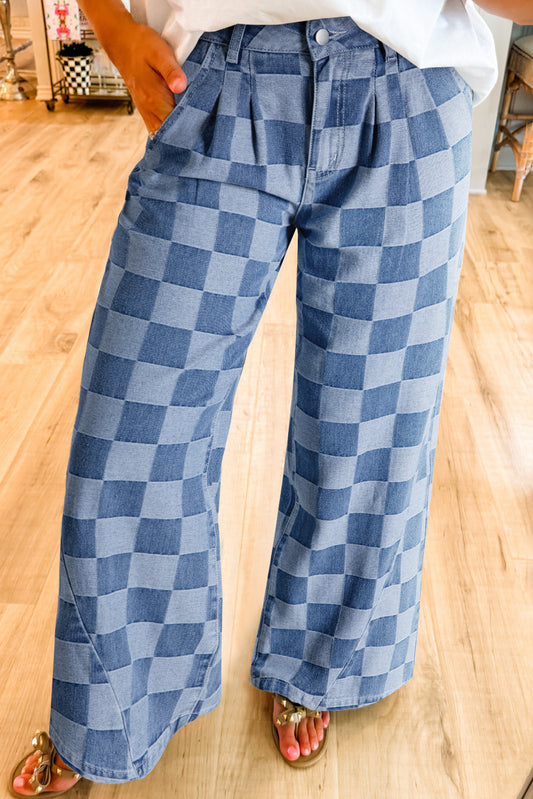 Dusk Blue Checkered Denim Wide Leg Jeans-Bottoms/Jeans-[Adult]-[Female]-Dusk Blue-4-2022 Online Blue Zone Planet