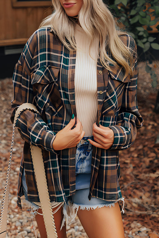 Blue Zone Planet | Plaid Collared Neck Button Up Jacket-TOPS / DRESSES-[Adult]-[Female]-Coffee Brown-S-2022 Online Blue Zone Planet