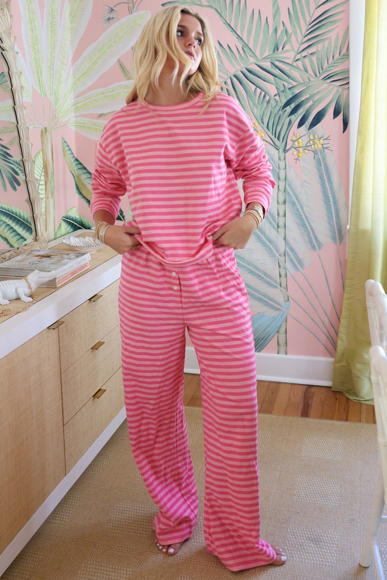 Rose Stripe Drop Shoulder Round Neck Top and Buttoned Straight Pants Two Piece Set-Two Piece Sets/Pant Sets-[Adult]-[Female]-2022 Online Blue Zone Planet