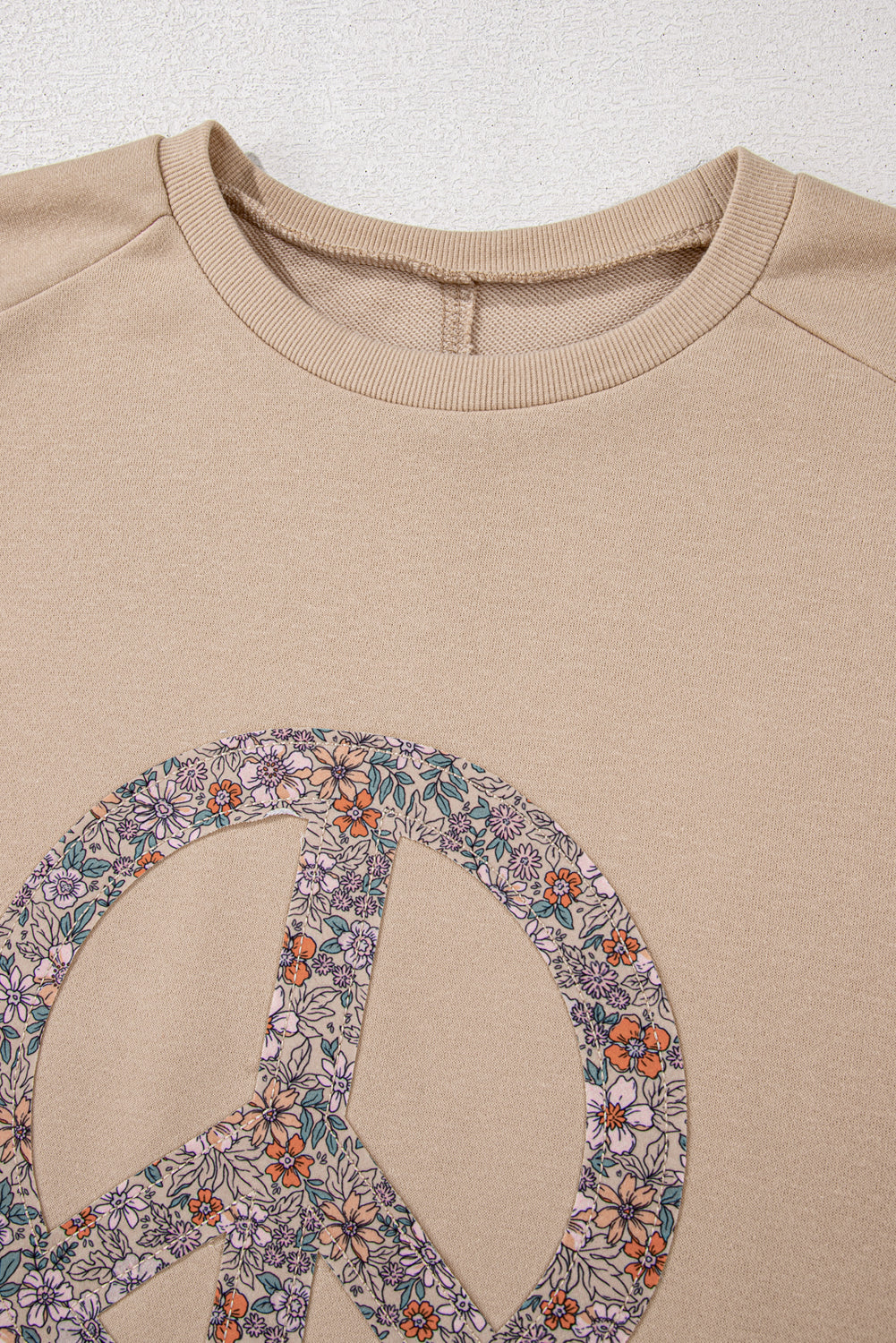 Blue Zone Planet | Pale Khaki Floral Peace Sign Graphic Washed Terry Plus Size Sweatshirt-TOPS / DRESSES-[Adult]-[Female]-2022 Online Blue Zone Planet