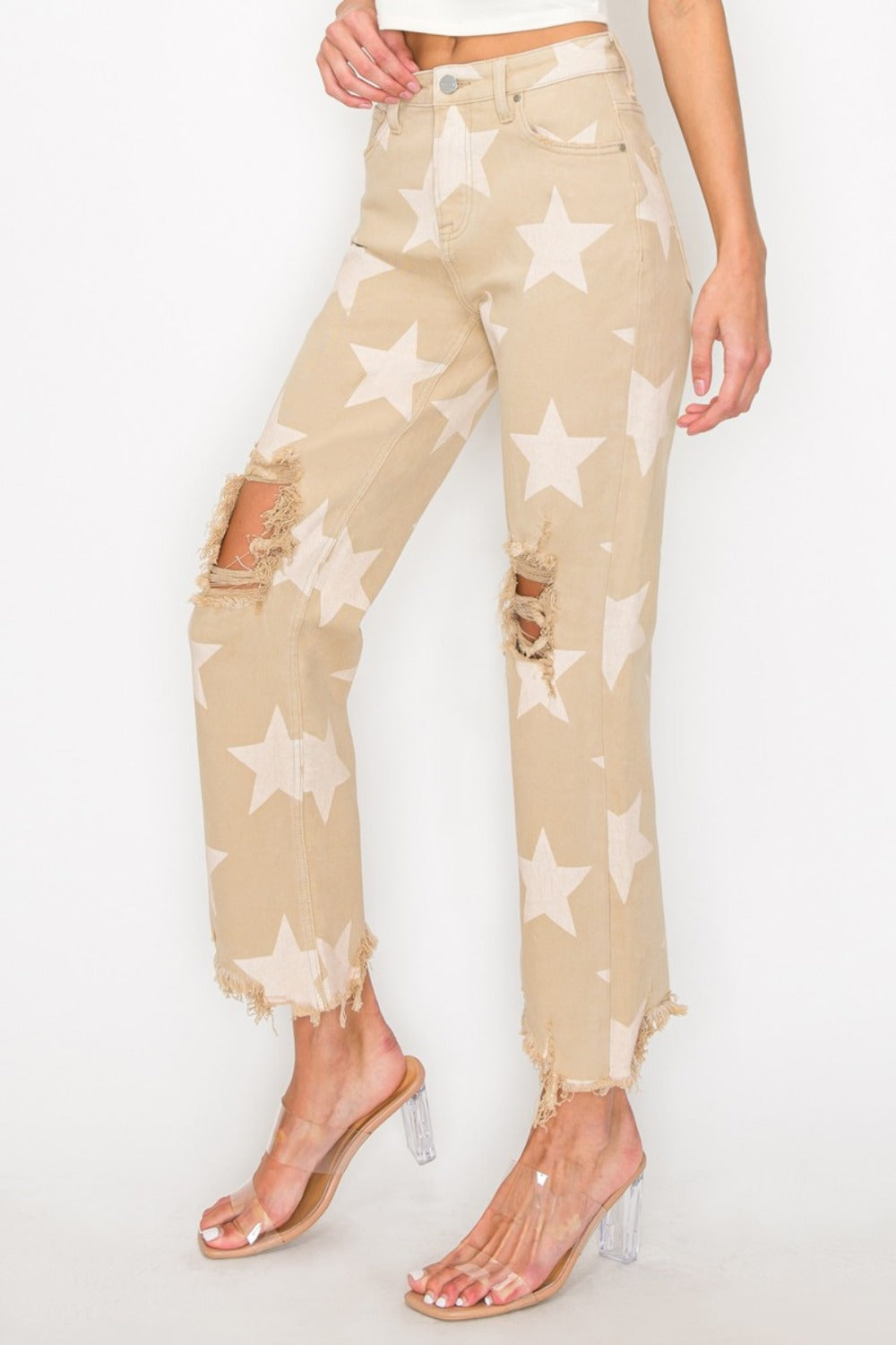 RISEN Full Size High Rise Star Printed Frayed Hem Jeans-BOTTOMS SIZES SMALL MEDIUM LARGE-[Adult]-[Female]-2022 Online Blue Zone Planet