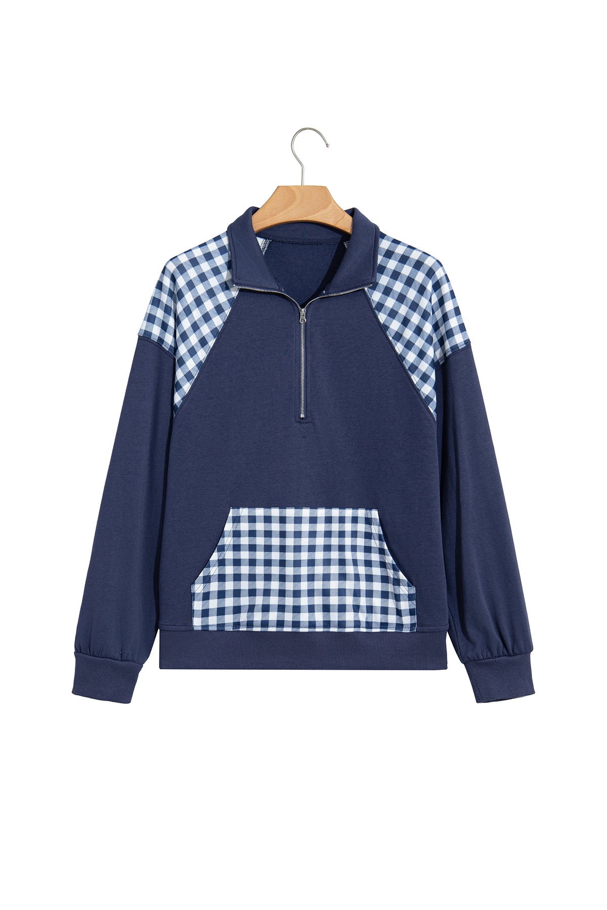 Navy Blue Patchwork Plaid Pocket Quarter Zip Sweatshirt-Tops/Sweatshirts & Hoodies-[Adult]-[Female]-2022 Online Blue Zone Planet