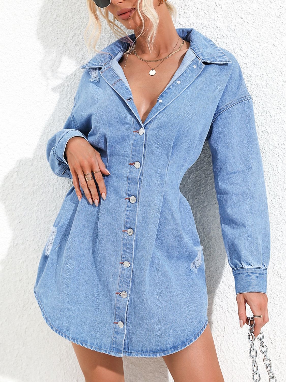 Distressed Button Up Long Sleeve Denim Dress-TOPS / DRESSES-[Adult]-[Female]-2022 Online Blue Zone Planet