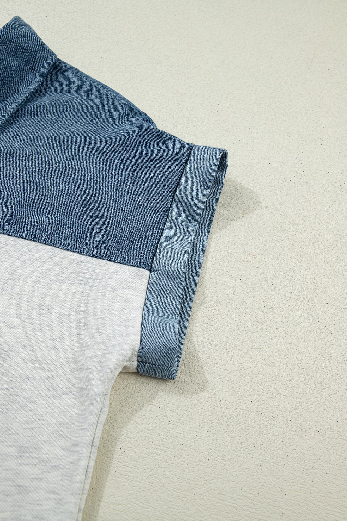 Light Grey Color Block Denim Patchwork Button Polo Collar Short Sleeve Top-Tops/Blouses & Shirts-[Adult]-[Female]-2022 Online Blue Zone Planet
