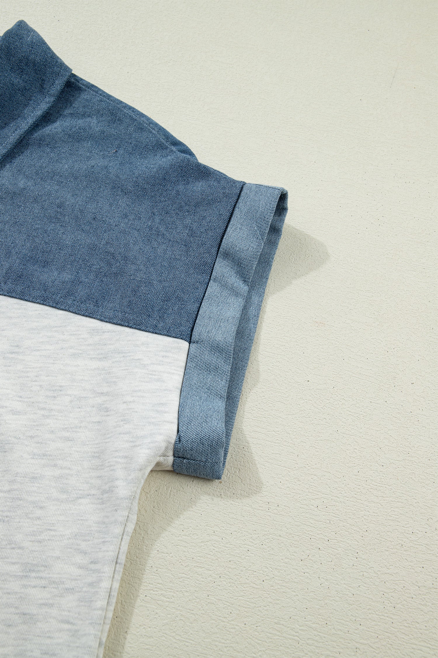 Light Grey Color Block Denim Patchwork Button Polo Collar Short Sleeve Top-Tops/Blouses & Shirts-[Adult]-[Female]-2022 Online Blue Zone Planet