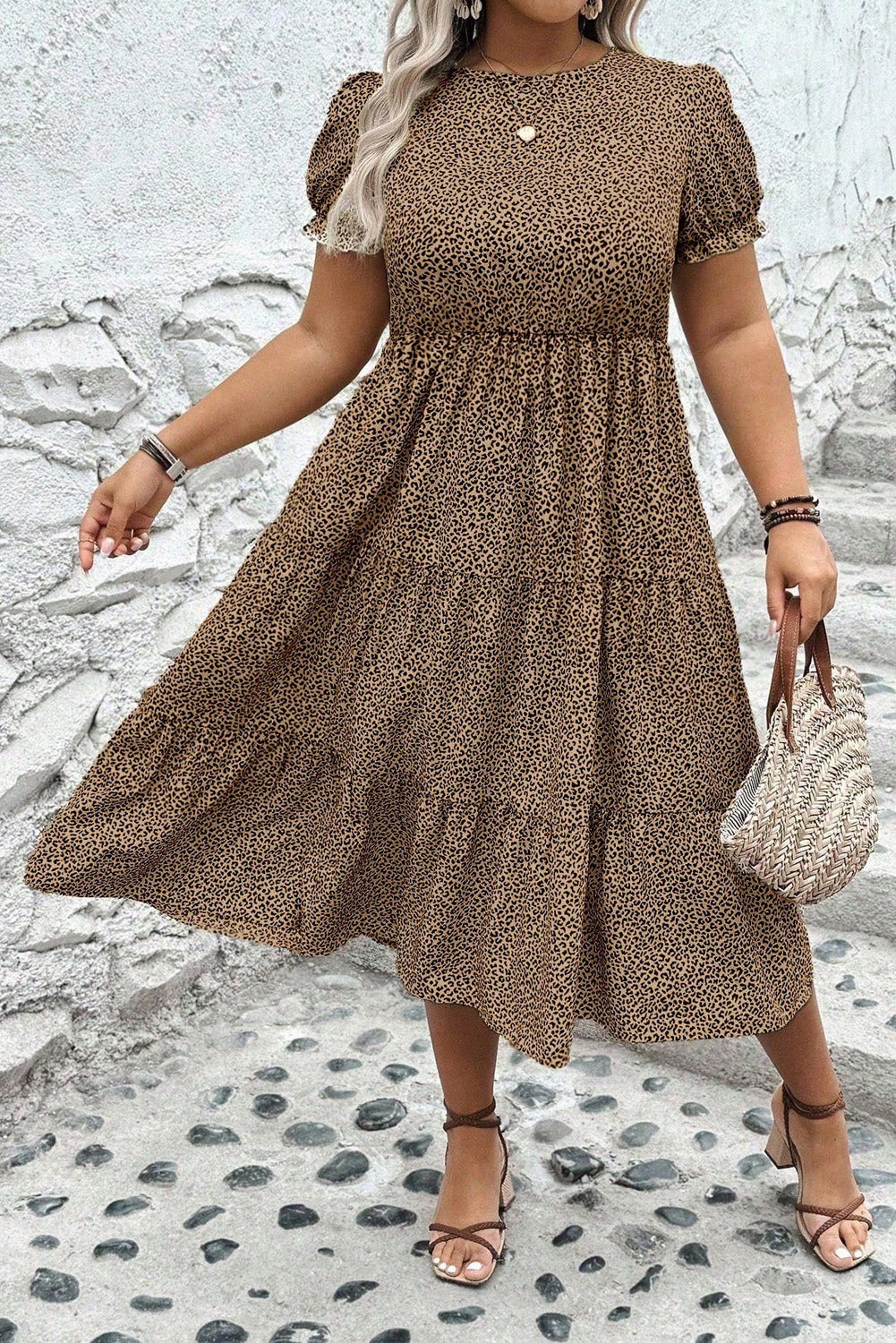 Brown Plus Size Leopard Print Frill Trim Short Sleeve Flared Dress-TOPS / DRESSES-[Adult]-[Female]-2022 Online Blue Zone Planet