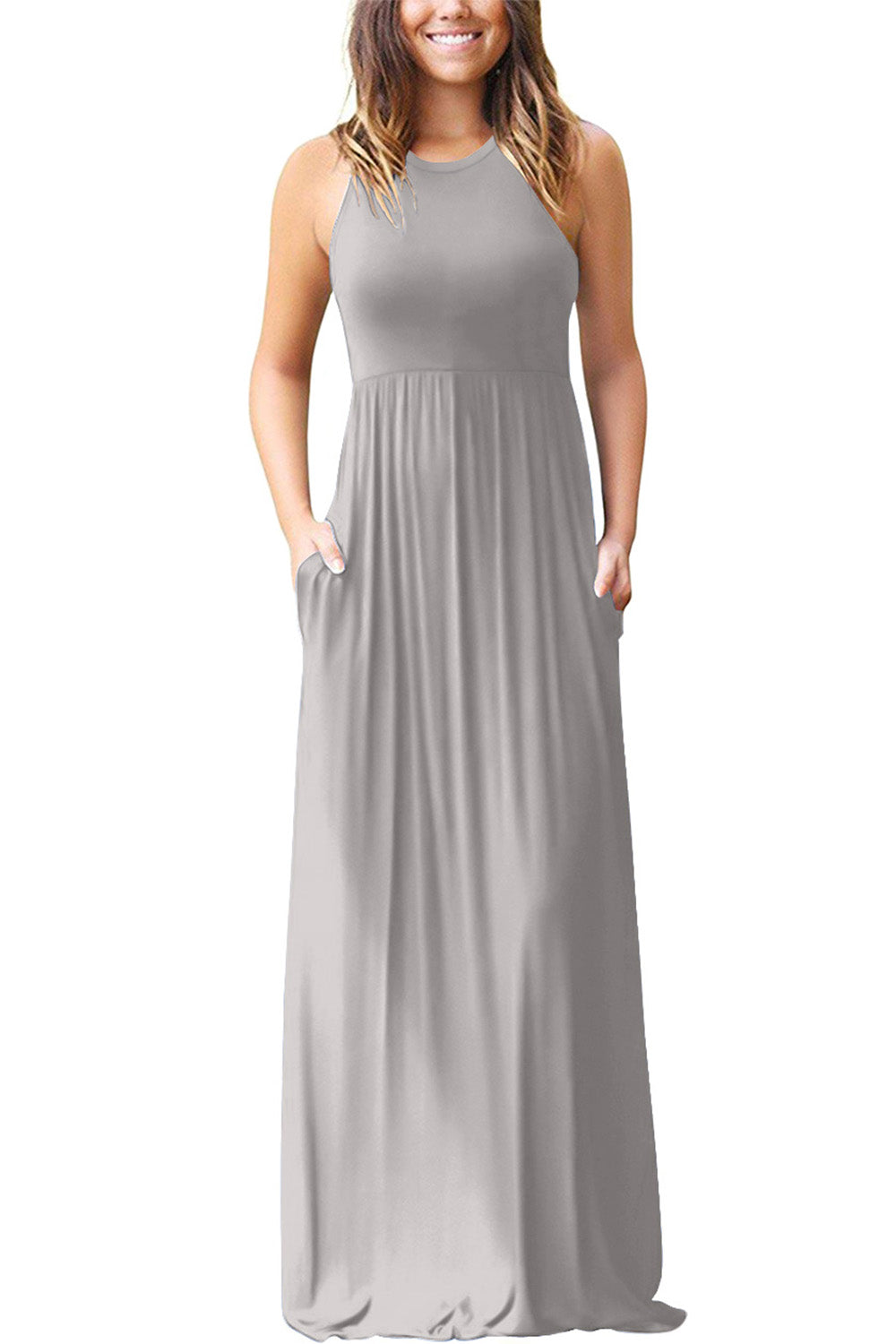 Blue Zone Planet | Full Size Grecian Neck Dress with Pockets-TOPS / DRESSES-[Adult]-[Female]-Light Gray-S-2022 Online Blue Zone Planet