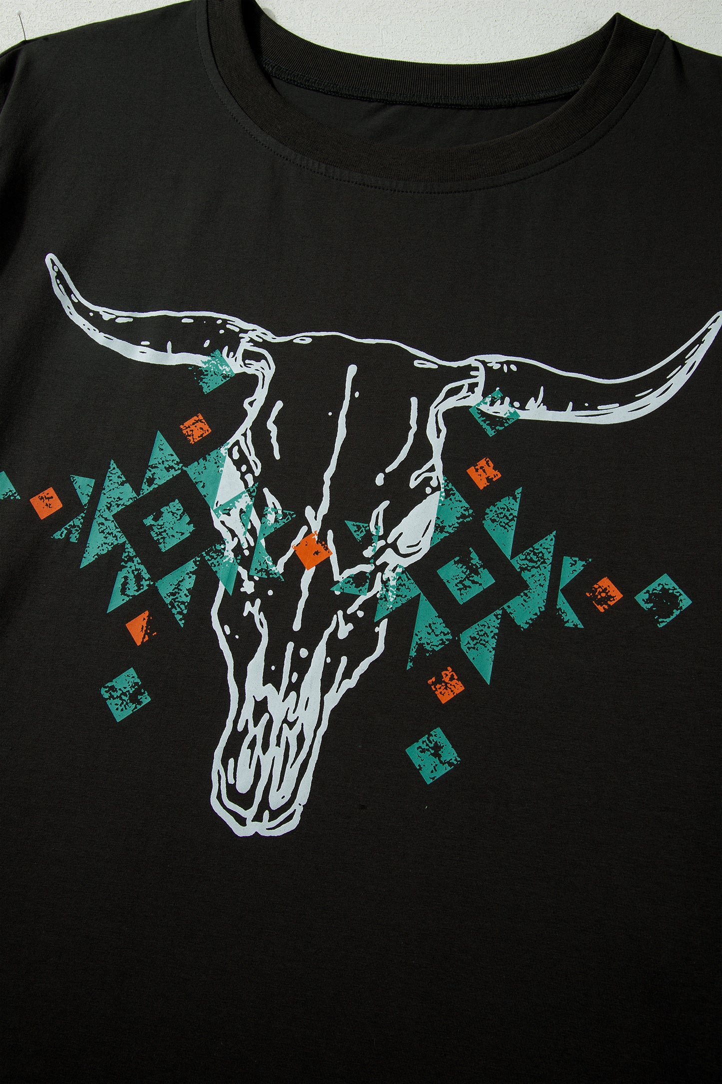Carbon Grey Plus Size Western Aztec Bull Skull Printed T Shirt-Plus Size/Plus Size Tops/Plus Size Tops & Tees-[Adult]-[Female]-2022 Online Blue Zone Planet