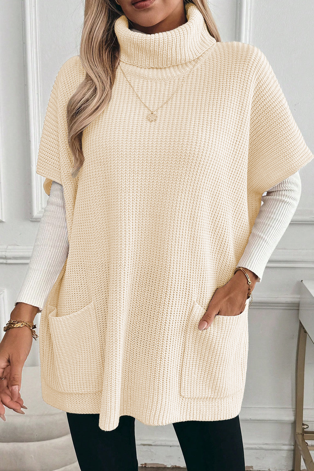 Jet Stream Plain Knit Casual Turtleneck Short Sleeve Tunic Sweater with Pockets-TOPS / DRESSES-[Adult]-[Female]-2022 Online Blue Zone Planet