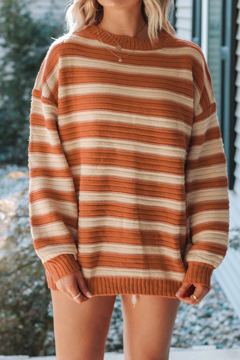 Orange Stripe Ribbed Trim Drop Shoulder Sweater-Sweaters & Cardigans/Sweaters-[Adult]-[Female]-2022 Online Blue Zone Planet