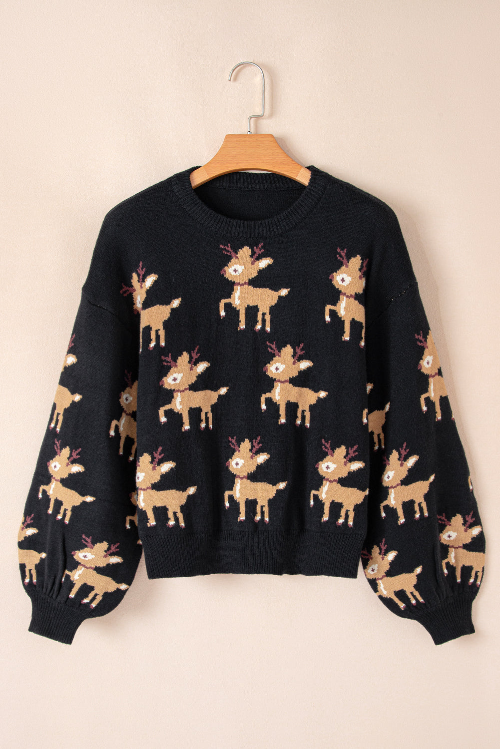 Blue Zone Planet | Dark Green Christmas Reindeer Pattern Drop Shoulder Sweater-Sweaters & Cardigans/Sweaters-[Adult]-[Female]-2022 Online Blue Zone Planet