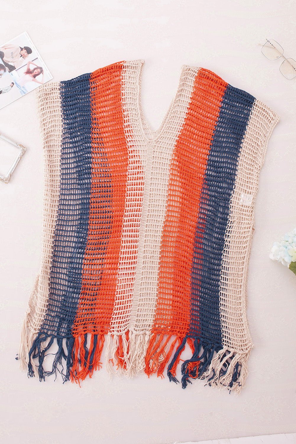 Blue Zone Planet |  Multicolor Striped Tassel Crochet V Neck Beach Cover Up Blue Zone Planet