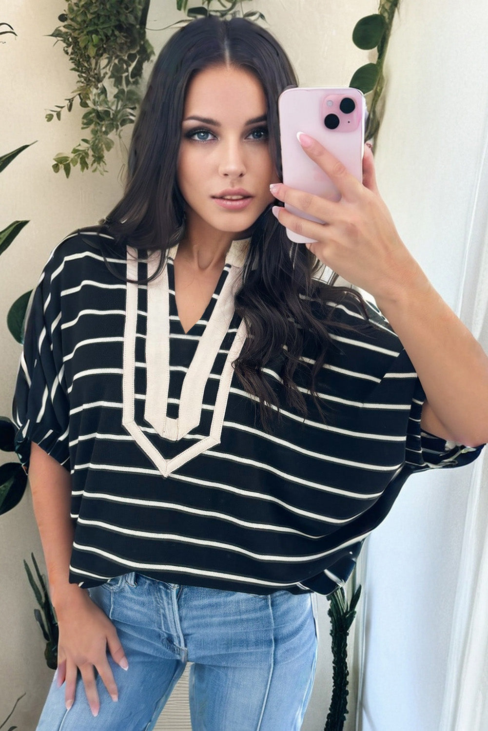 Black Stripe Stand Collar V Neck Elastic Cuffs Half Sleeve Dolman Top-Tops/Blouses & Shirts-[Adult]-[Female]-2022 Online Blue Zone Planet
