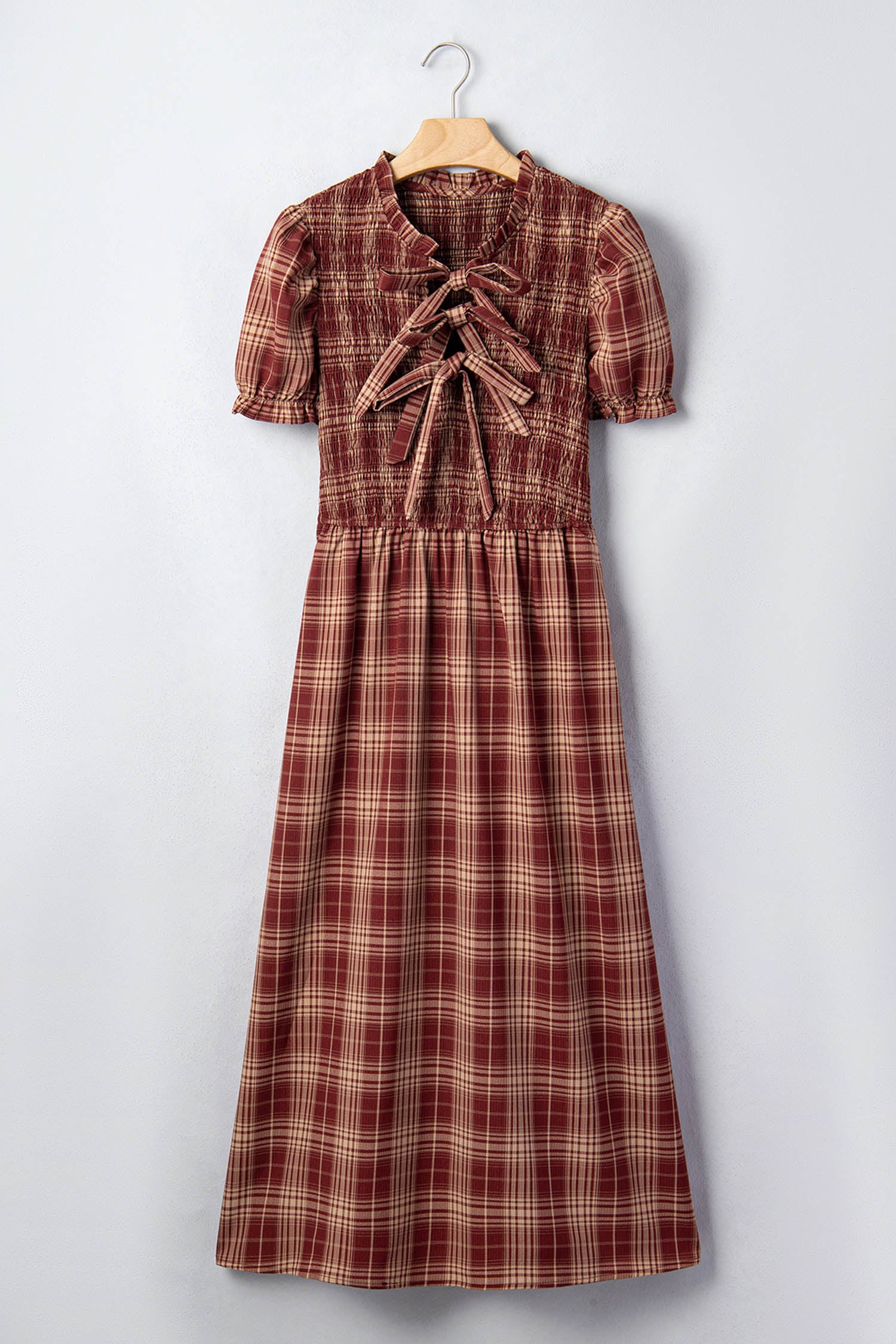 Red Vintage Plaid Knot Front Smocked High Waist Midi Dress-TOPS / DRESSES-[Adult]-[Female]-2022 Online Blue Zone Planet
