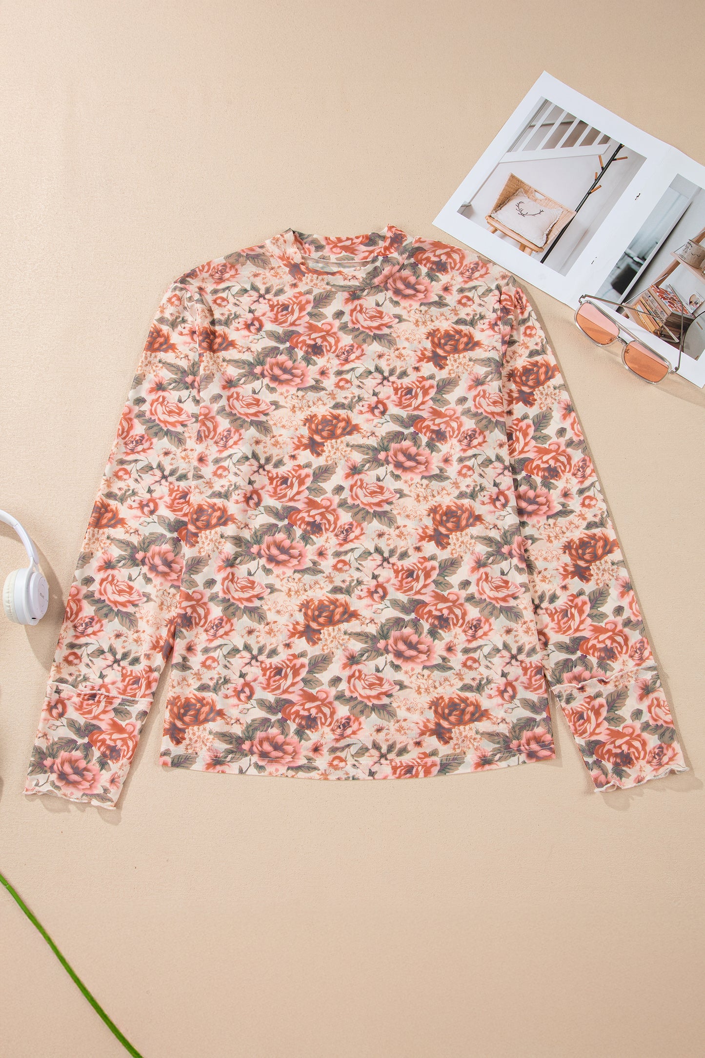 Pink Plus Size Floral Mock Neck Long Sleeve Slim Top-Plus Size/Plus Size Tops/Plus Size Long Sleeve Tops-[Adult]-[Female]-2022 Online Blue Zone Planet