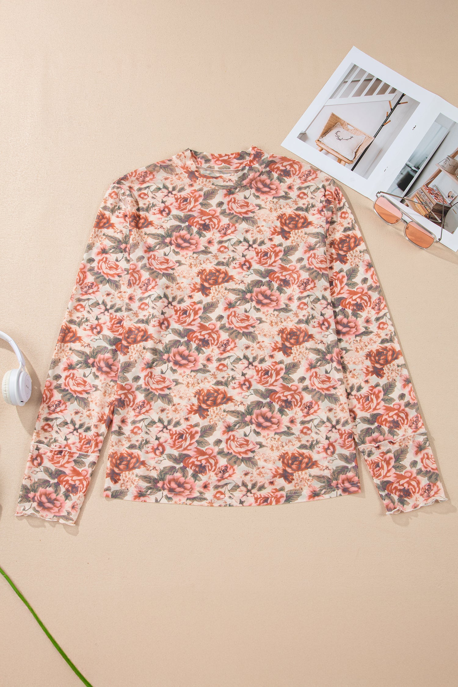 Pink Plus Size Floral Mock Neck Long Sleeve Slim Top-Plus Size/Plus Size Tops/Plus Size Long Sleeve Tops-[Adult]-[Female]-2022 Online Blue Zone Planet