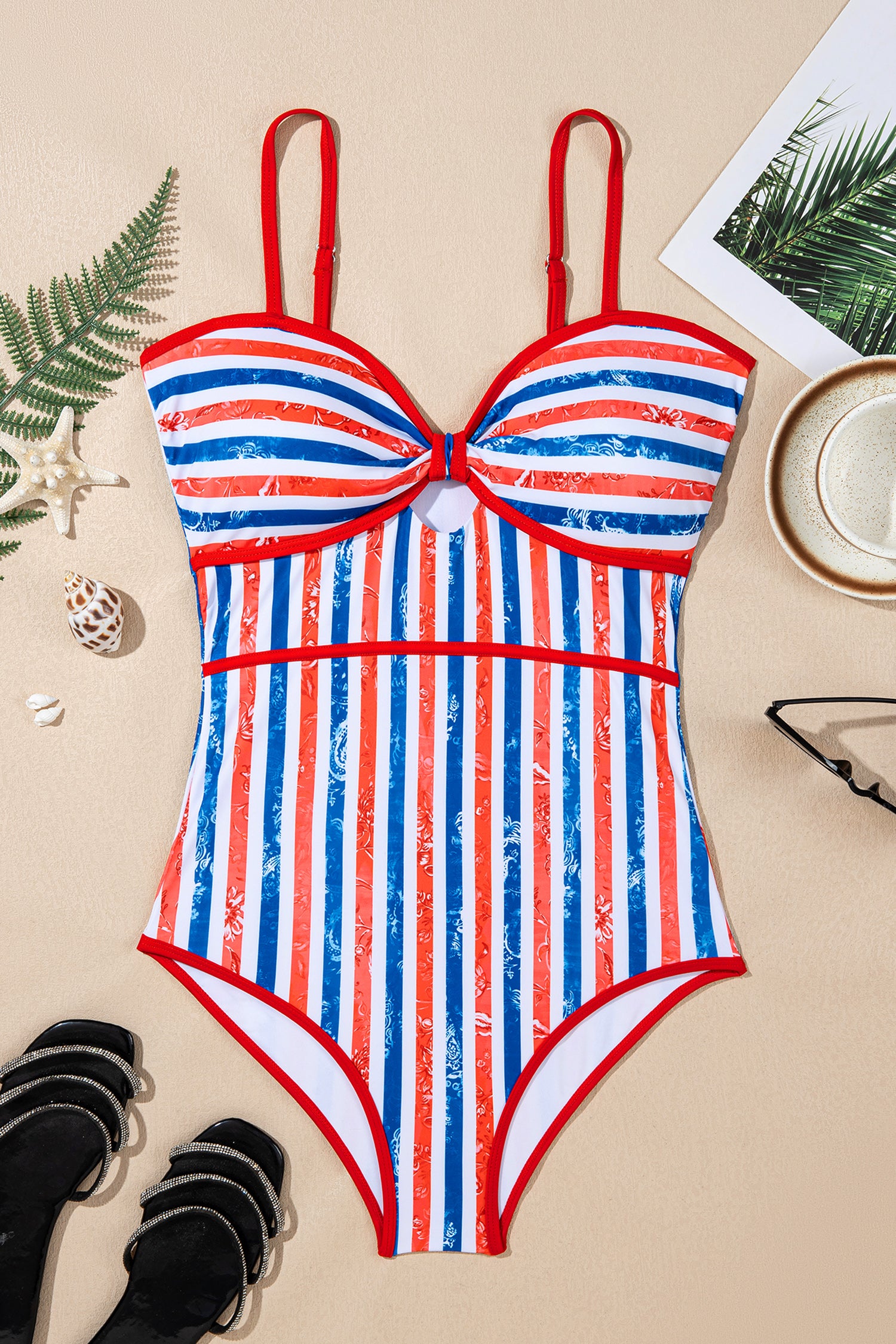 Red July 4th Stripes Star Floral Impression Cutout Spaghetti Straps One Piece Swimsuit-Swimwear/One Piece Swimsuit-[Adult]-[Female]-2022 Online Blue Zone Planet