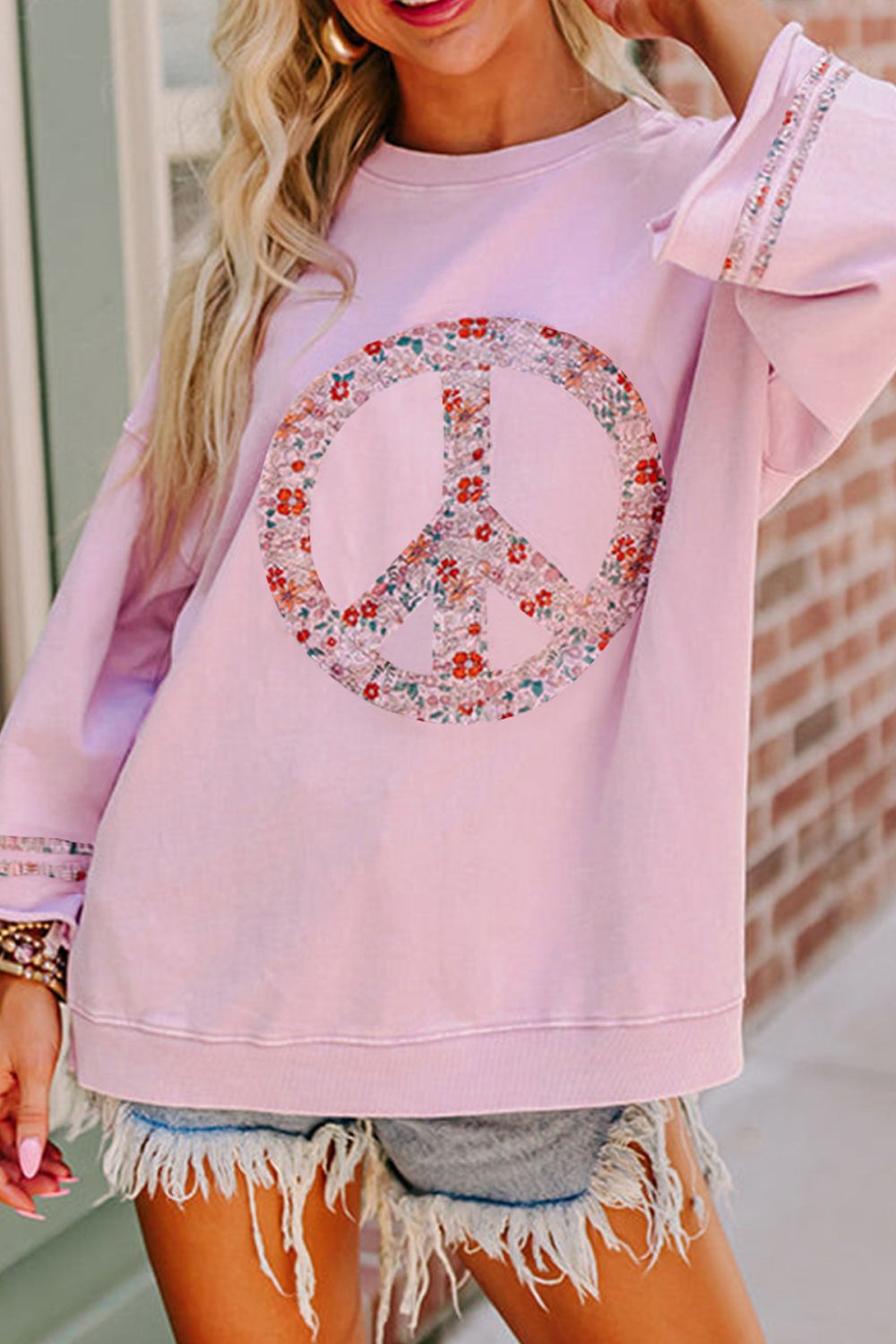 Peace Patch Round Neck Long Sleeve Top-TOPS / DRESSES-[Adult]-[Female]-Dusty Pink-S-2022 Online Blue Zone Planet