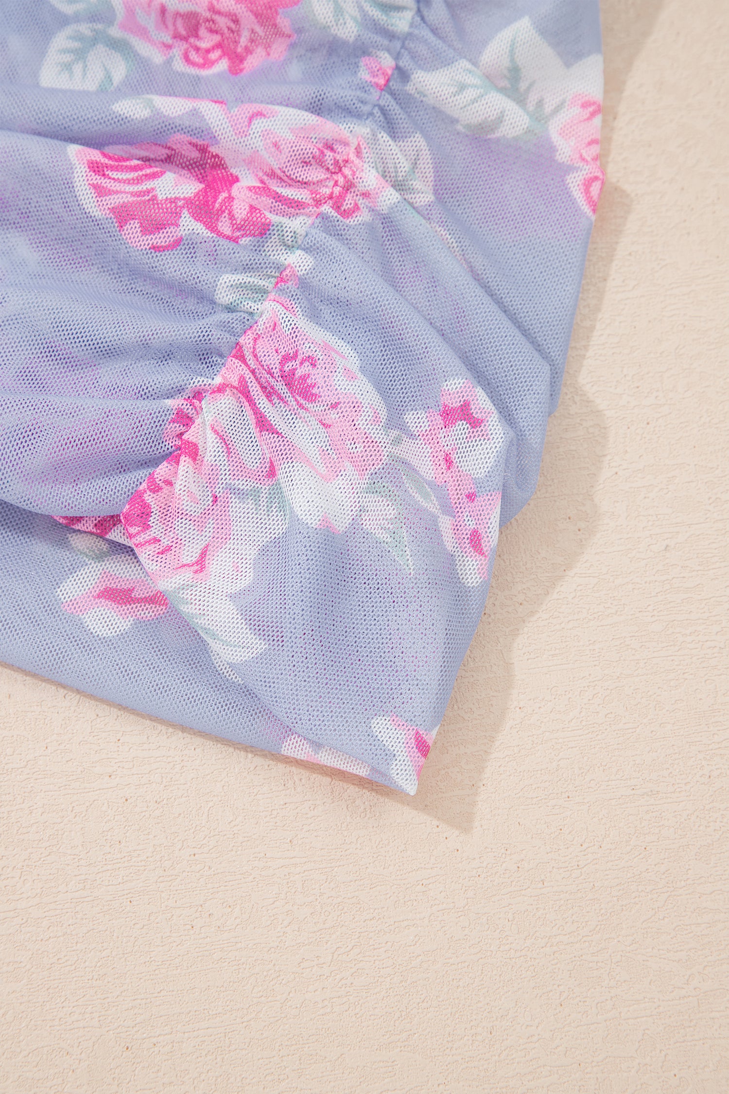 Sky Blue Square Neck Cap Sleeve Ruched Floral Mesh Top-Tops/Tops & Tees-[Adult]-[Female]-2022 Online Blue Zone Planet