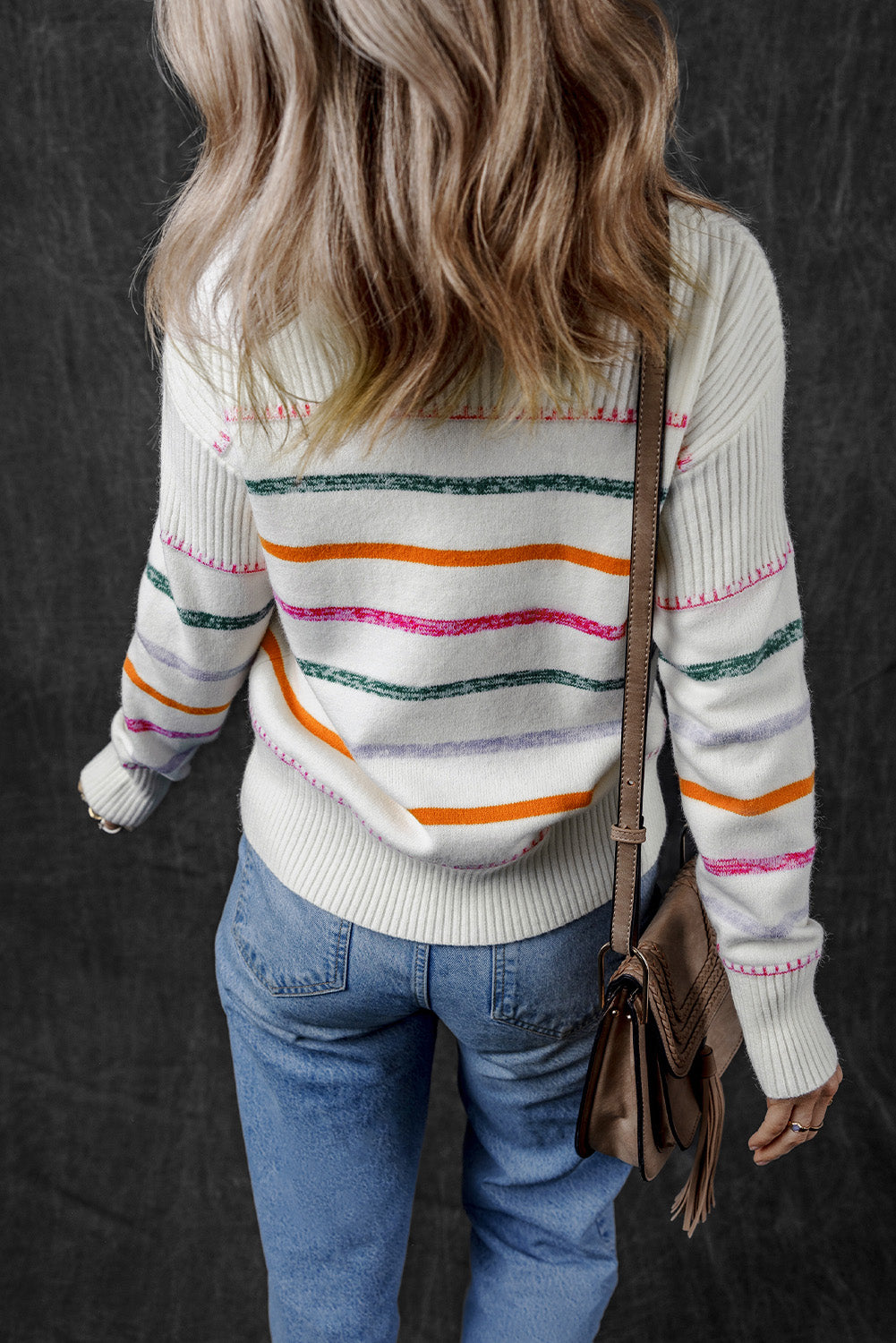 Blue Zone Planet | Black Colorful Striped Ribbed Trim Sweater-Sweaters & Cardigans/Sweaters-[Adult]-[Female]-2022 Online Blue Zone Planet