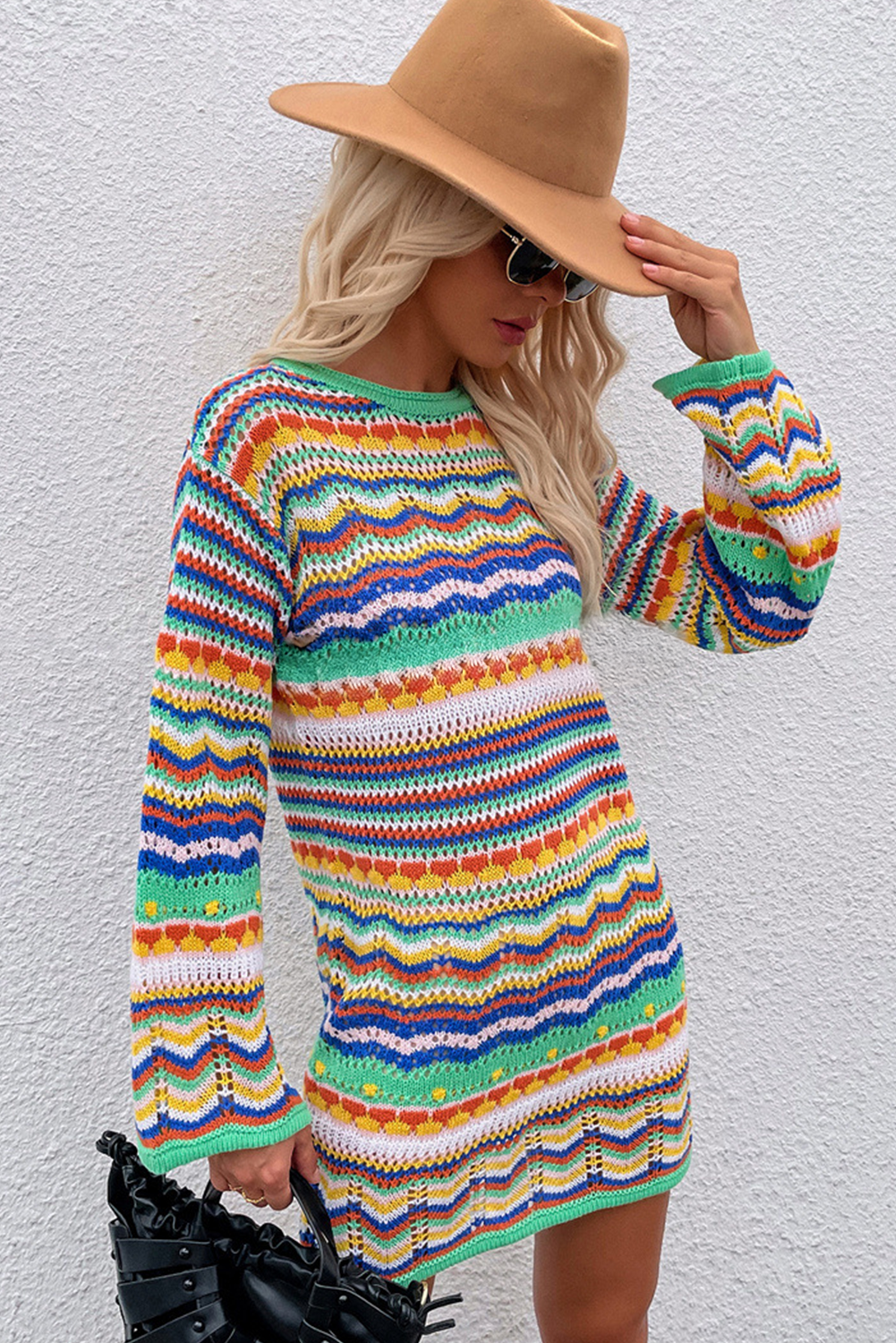 Green Stripe Long Sleeve Colorblock Midi Sweater Dress-Sweater Dresses-[Adult]-[Female]-2022 Online Blue Zone Planet