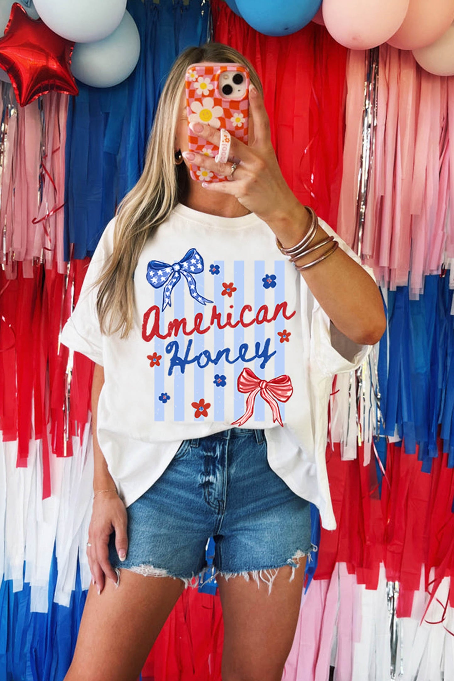 White American Honey Bow Flower Striped Graphic Tee-Graphic/Graphic Tees-[Adult]-[Female]-2022 Online Blue Zone Planet