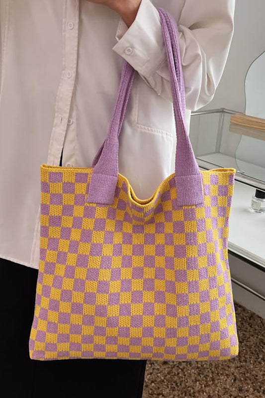 Ginger Checkered Knit Eco-Friendly Tote Bag-Shoes & Bags/Shoulder Bags-[Adult]-[Female]-Ginger-ONE SIZE-2022 Online Blue Zone Planet