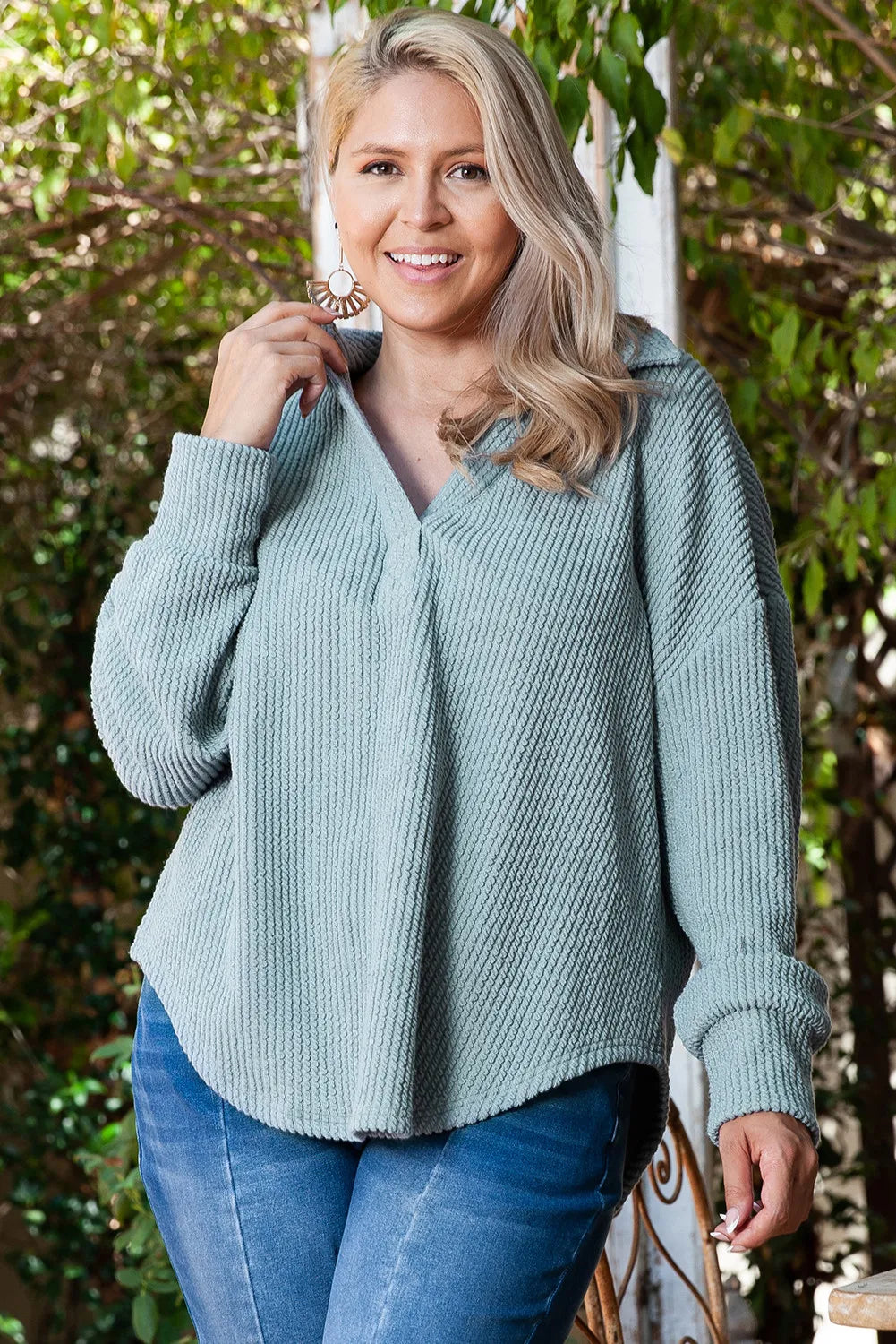 Plus Size Textured Johnny Collar Long Sleeve Sweatshirt-TOPS / DRESSES-[Adult]-[Female]-2022 Online Blue Zone Planet