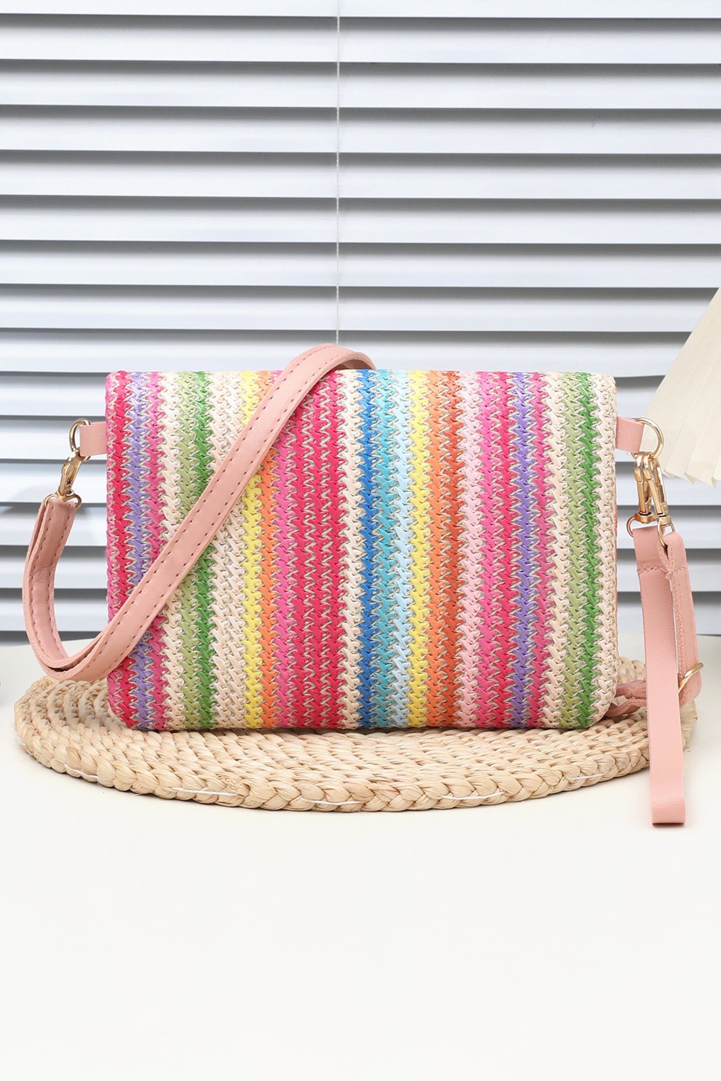 Pink Striped Straw Woven Zip Folded Magnetic Button Shoulder Bag-Shoes & Bags/Shoulder Bags-[Adult]-[Female]-2022 Online Blue Zone Planet
