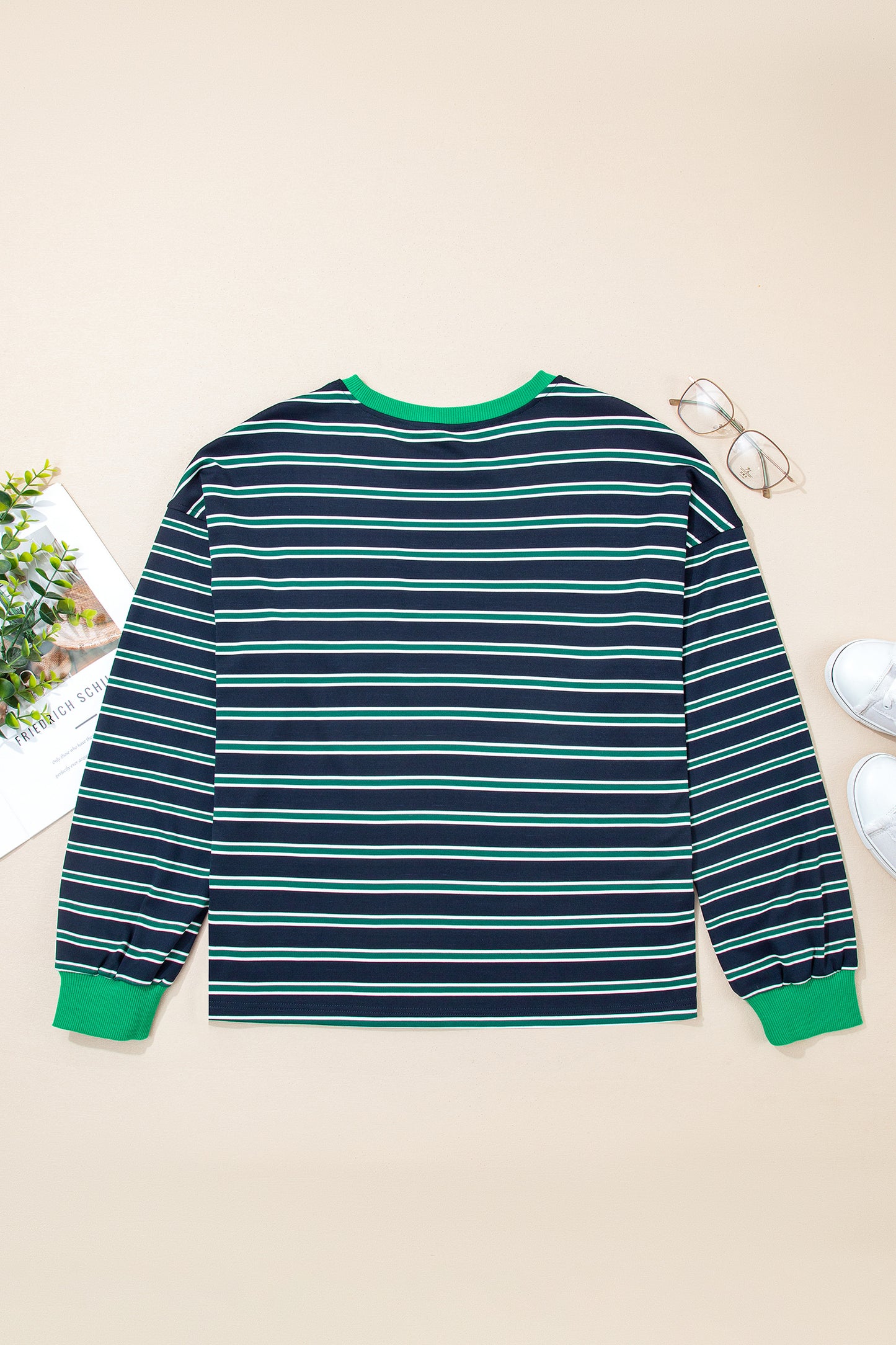 Green Stripe Ribbed Color Block Patchwork Crew Neck Patch Pocket Long Sleeve Top-Tops/Long Sleeve Tops-[Adult]-[Female]-2022 Online Blue Zone Planet