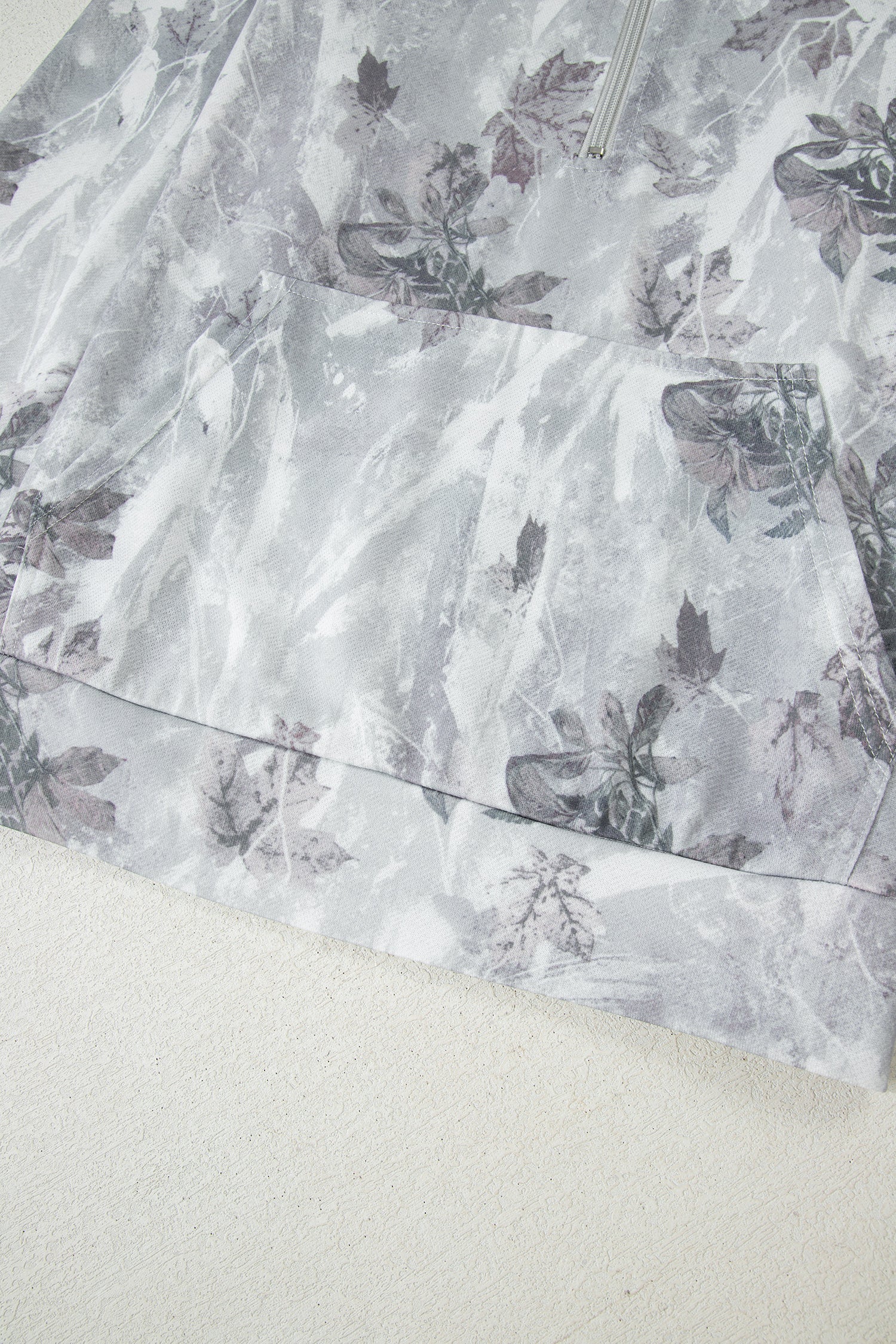 Gray Camo Leaf Print Kangaroo Pocket Quarter Zip Hoodie-Tops / Dresses-[Adult]-[Female]-2022 Online Blue Zone Planet