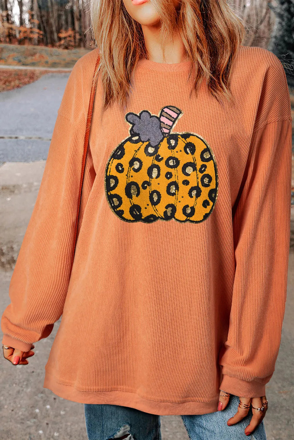 Blue Zone Planet | Pumpkin Round Neck Long Sleeve Sweatshirt-TOPS / DRESSES-[Adult]-[Female]-2022 Online Blue Zone Planet