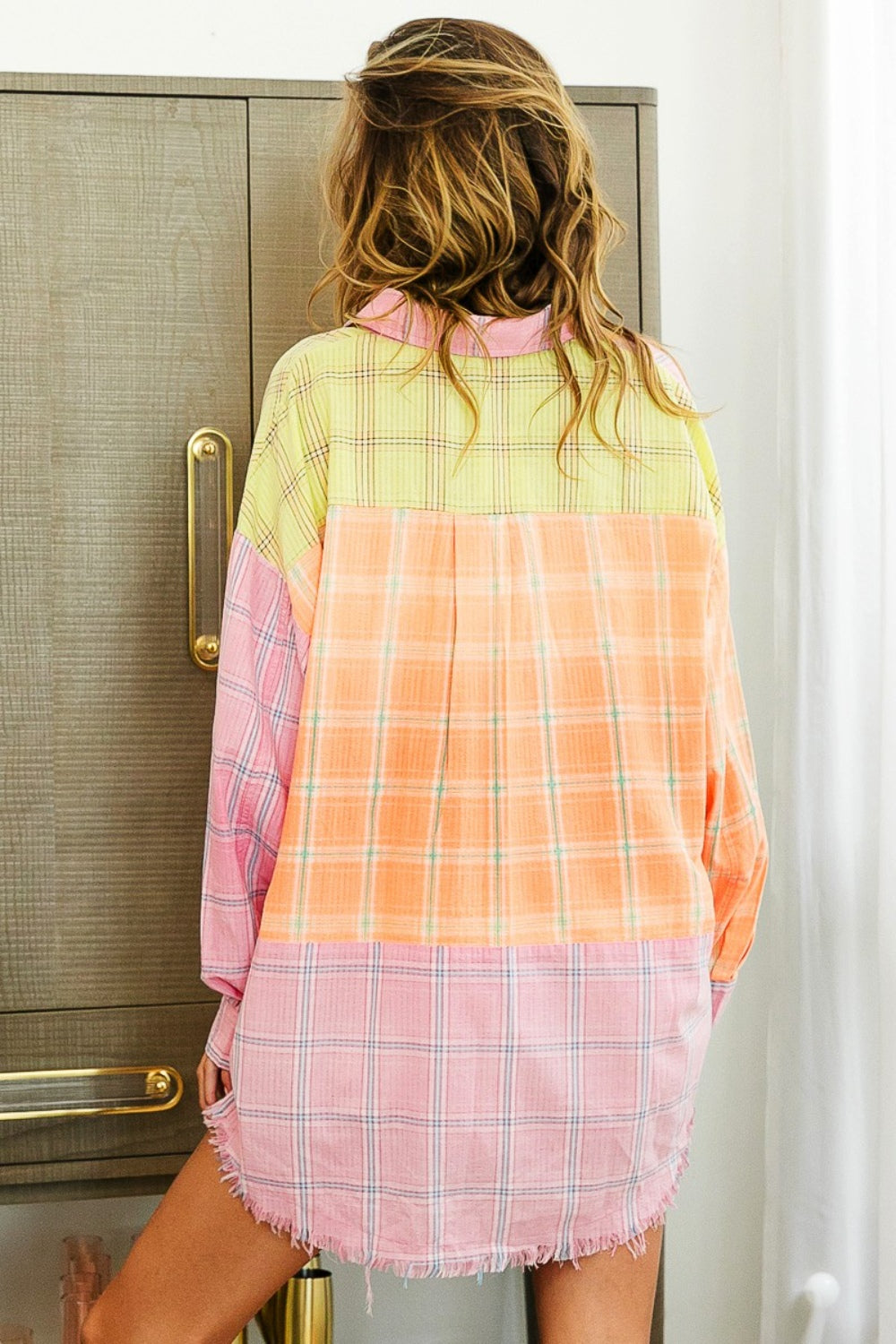 BiBi Plaid Color Block Raw Hem Shirt-TOPS / DRESSES-[Adult]-[Female]-2022 Online Blue Zone Planet