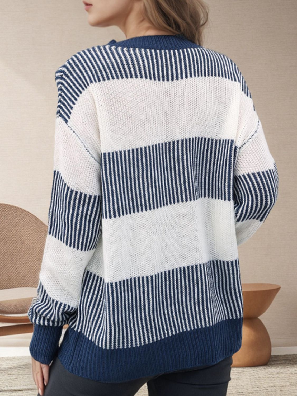 Blue Zone Planet | Striped Round Neck Long Sleeve Sweater-TOPS / DRESSES-[Adult]-[Female]-2022 Online Blue Zone Planet