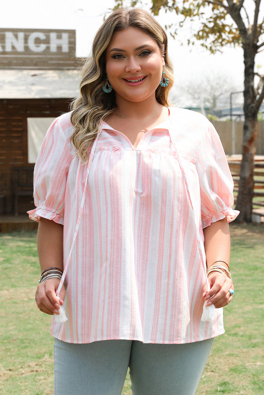 Pink Stripe Plus Size Tassel Tie Frilled Detail Short Sleeve Blouse-Plus Size/Plus Size Tops/Plus Size Blouses & Shirts-[Adult]-[Female]-Pink Stripe-1X-2022 Online Blue Zone Planet