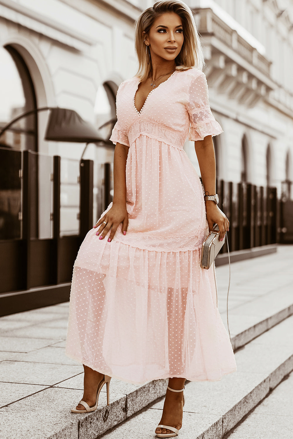 chinese dress ladies Swiss Dot Lace Trim Dress- Pink S (4-6)