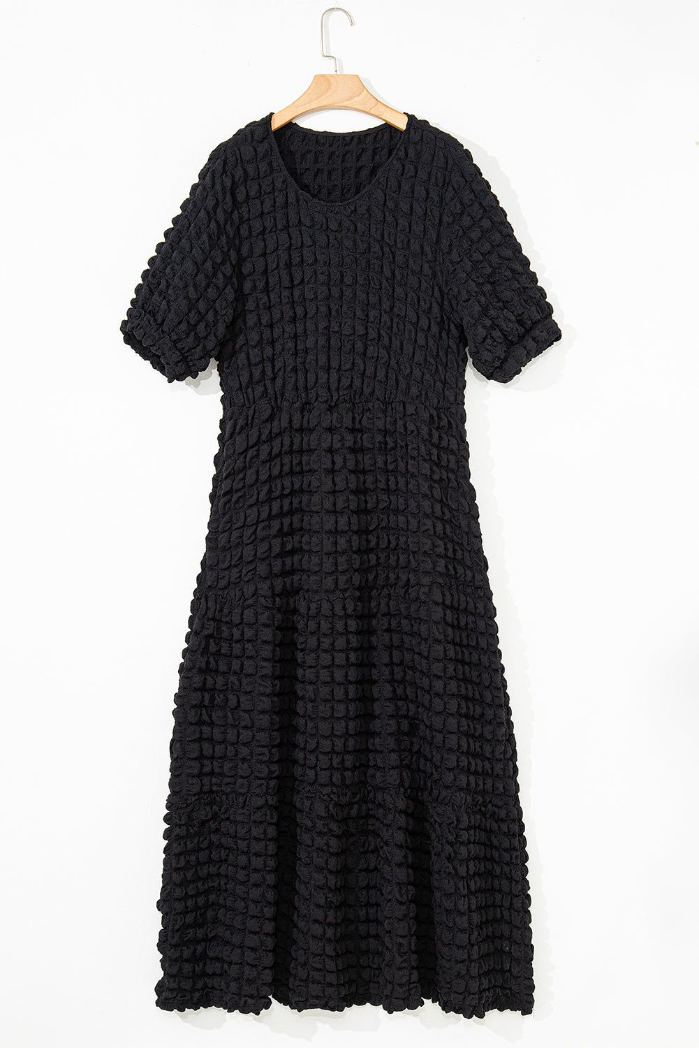 Black Plus Size Textured Tiered Short Sleeve Maxi Dress-TOPS / DRESSES-[Adult]-[Female]-2022 Online Blue Zone Planet