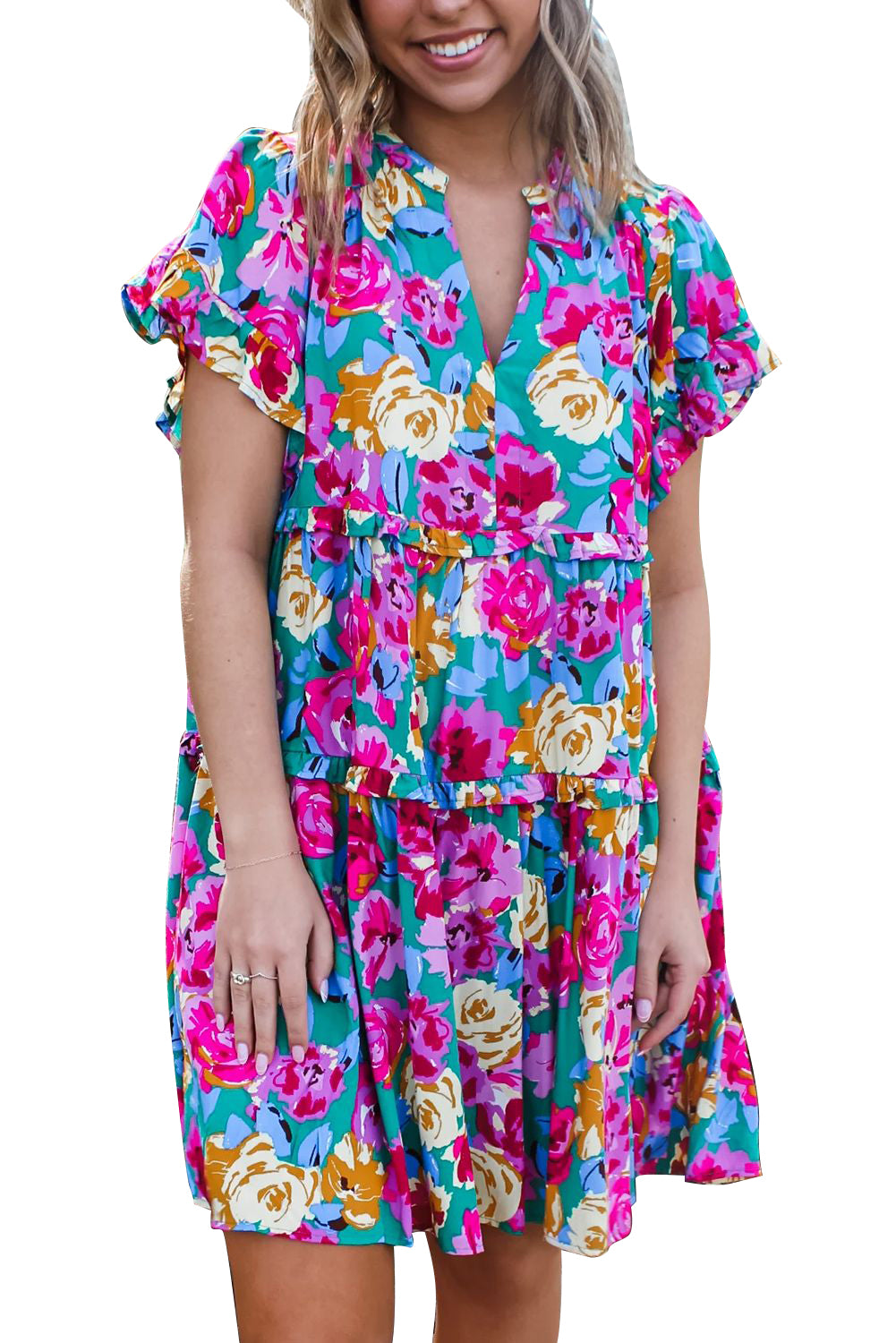 Blue Zone Planet | Green Rose Floral Print Ruffled Short Dress-TOPS / DRESSES-[Adult]-[Female]-2022 Online Blue Zone Planet